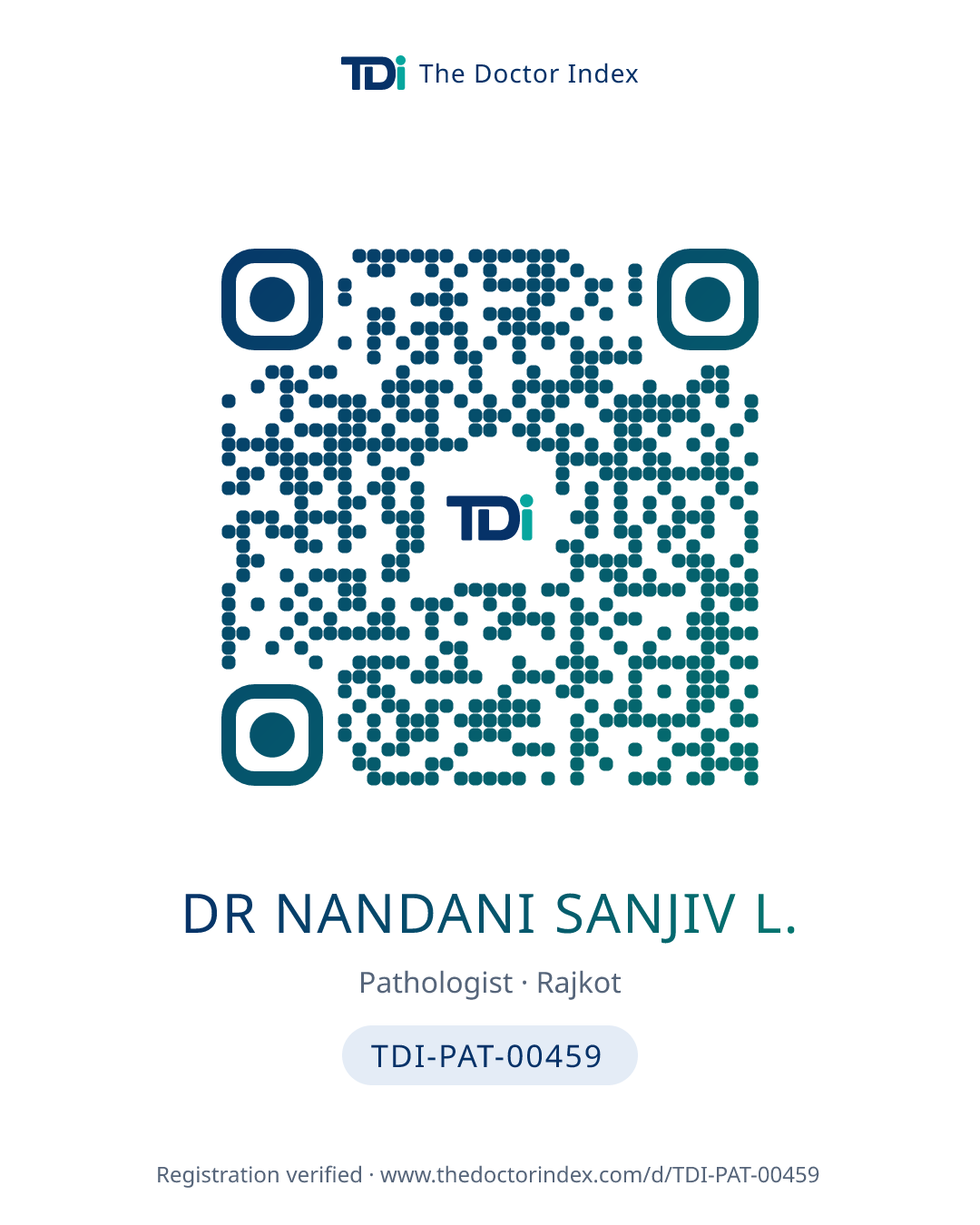 QR card for Dr Nandani Sanjiv L., TDI-PAT-00459