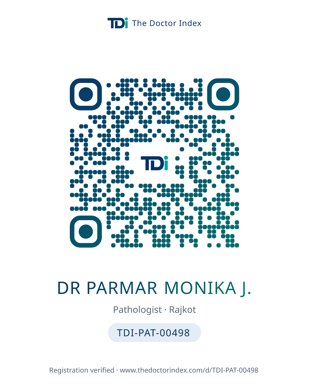 QR card for Dr Parmar Monika J., TDI-PAT-00498