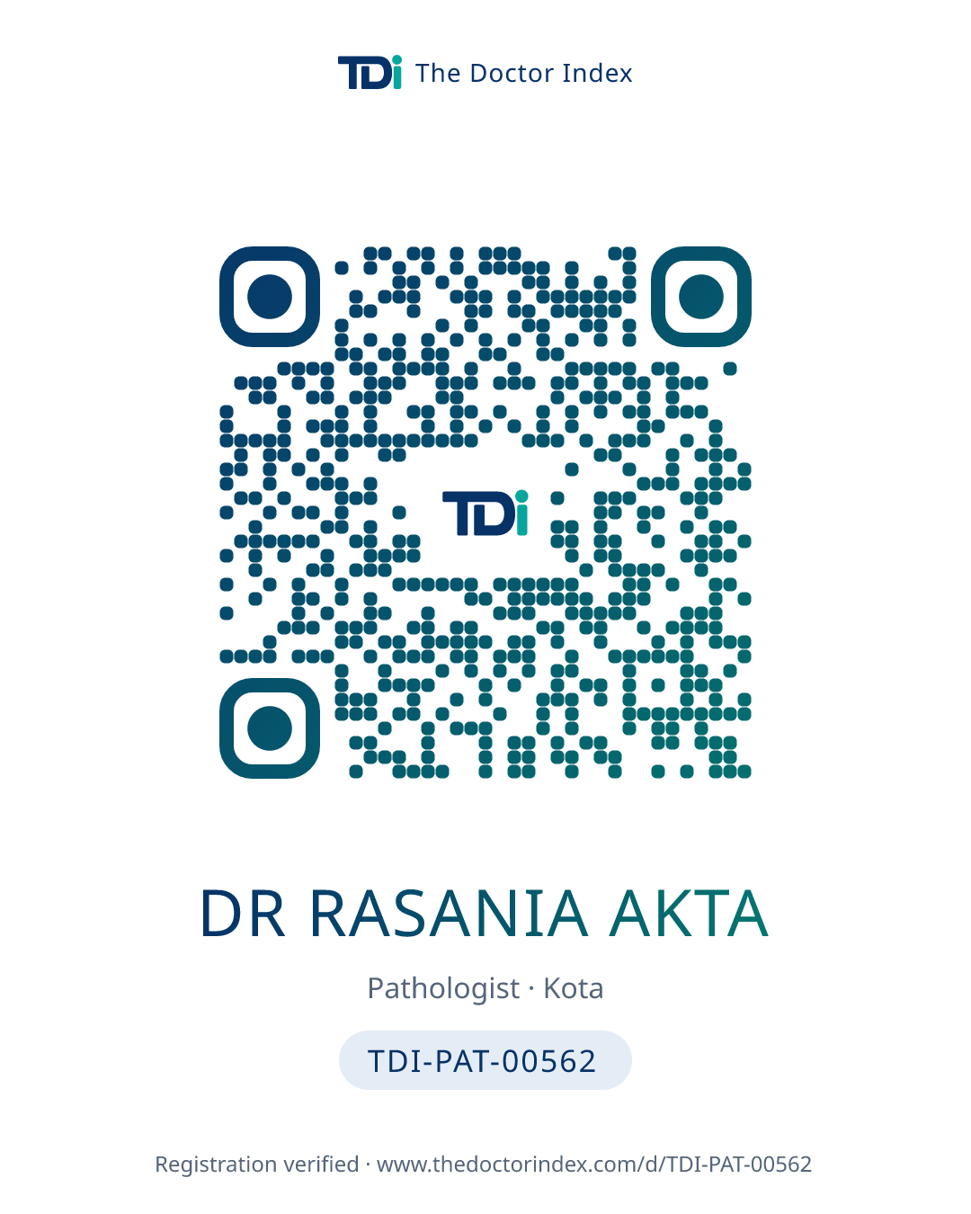 QR card for Dr Rasania Akta, TDI-PAT-00562