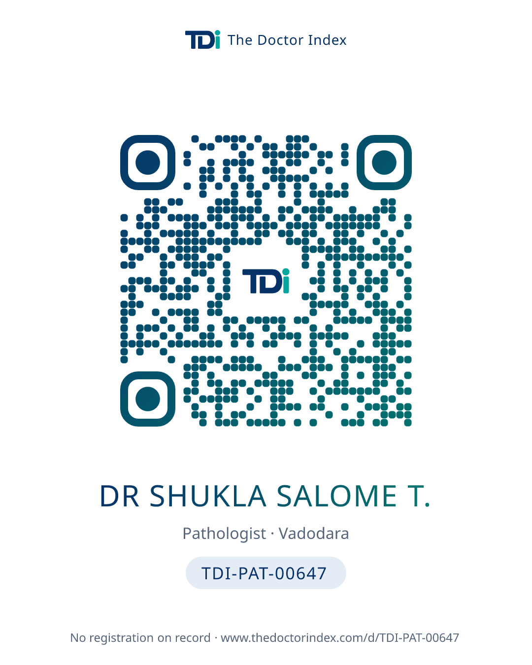 QR card for Dr Shukla Salome T., TDI-PAT-00647