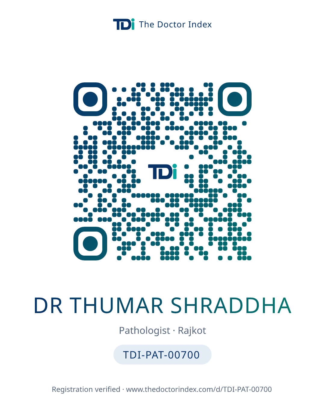 QR card for Dr Thumar Shraddha, TDI-PAT-00700