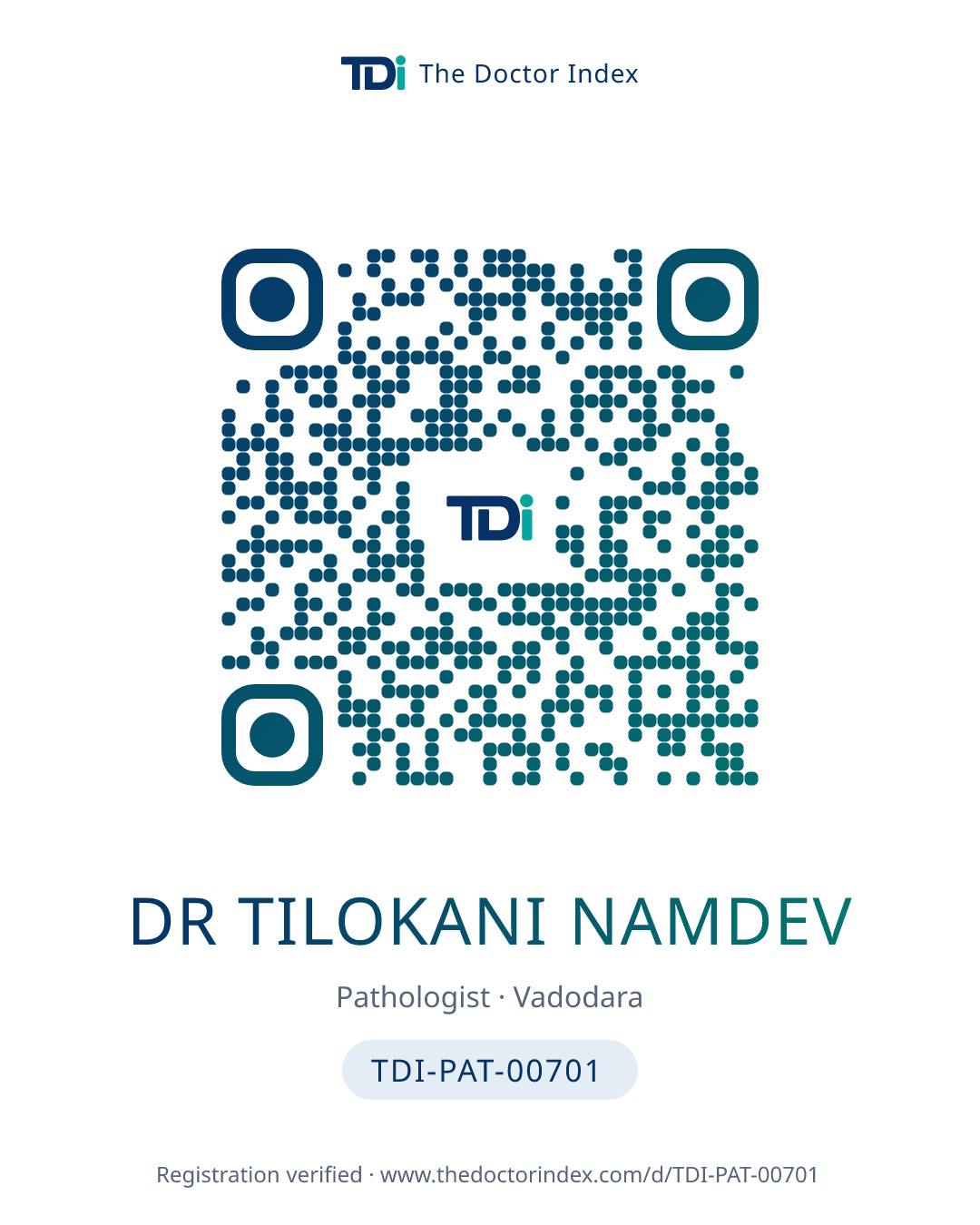 QR card for Dr Tilokani Namdev, TDI-PAT-00701