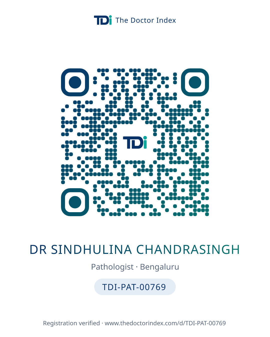 QR card for Dr Sindhulina Chandrasingh, TDI-PAT-00769