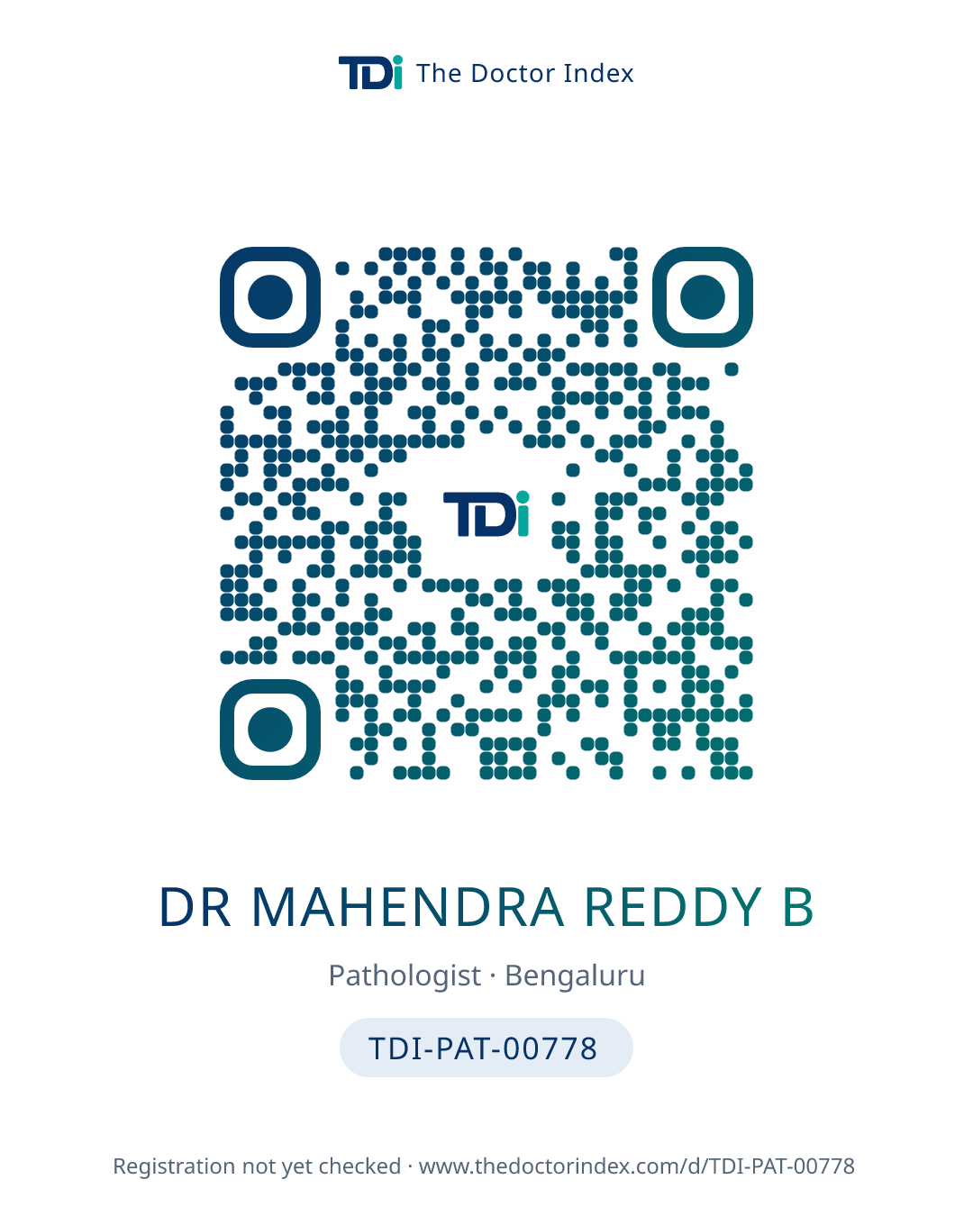 QR card for Dr Mahendra Reddy B, TDI-PAT-00778