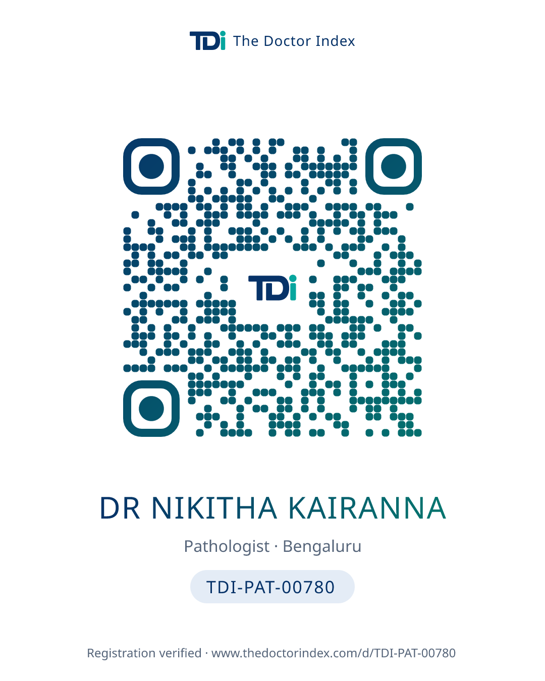 QR card for Dr Nikitha Kairanna, TDI-PAT-00780
