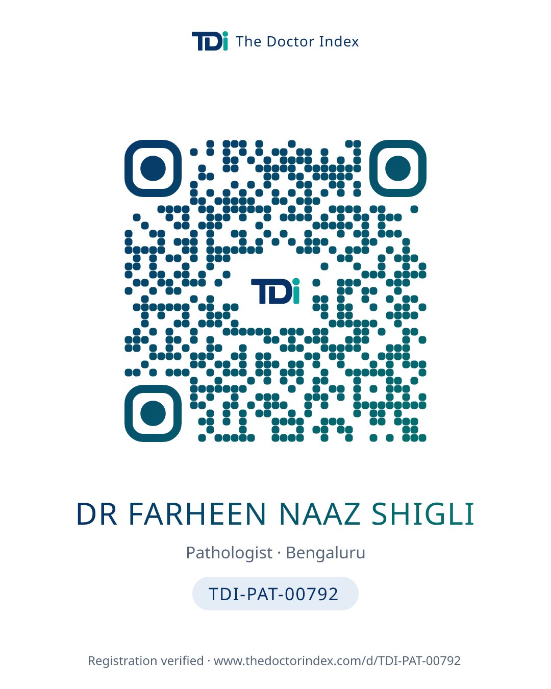 QR card for Dr Farheen Naaz Shigli, TDI-PAT-00792