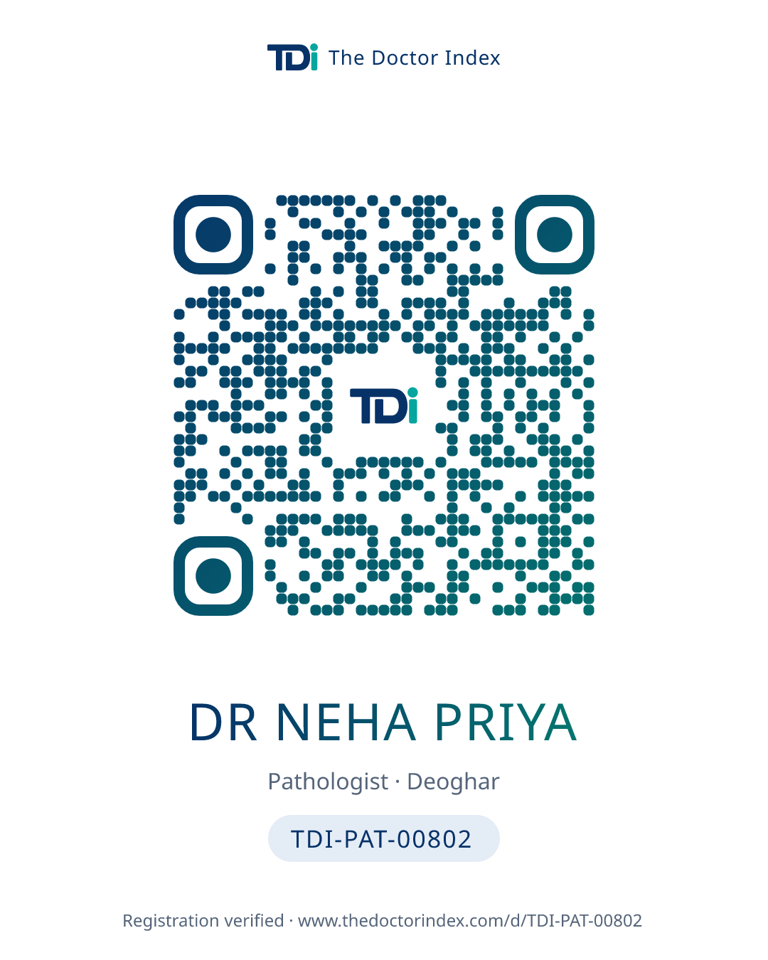 QR card for Dr Neha Priya, TDI-PAT-00802
