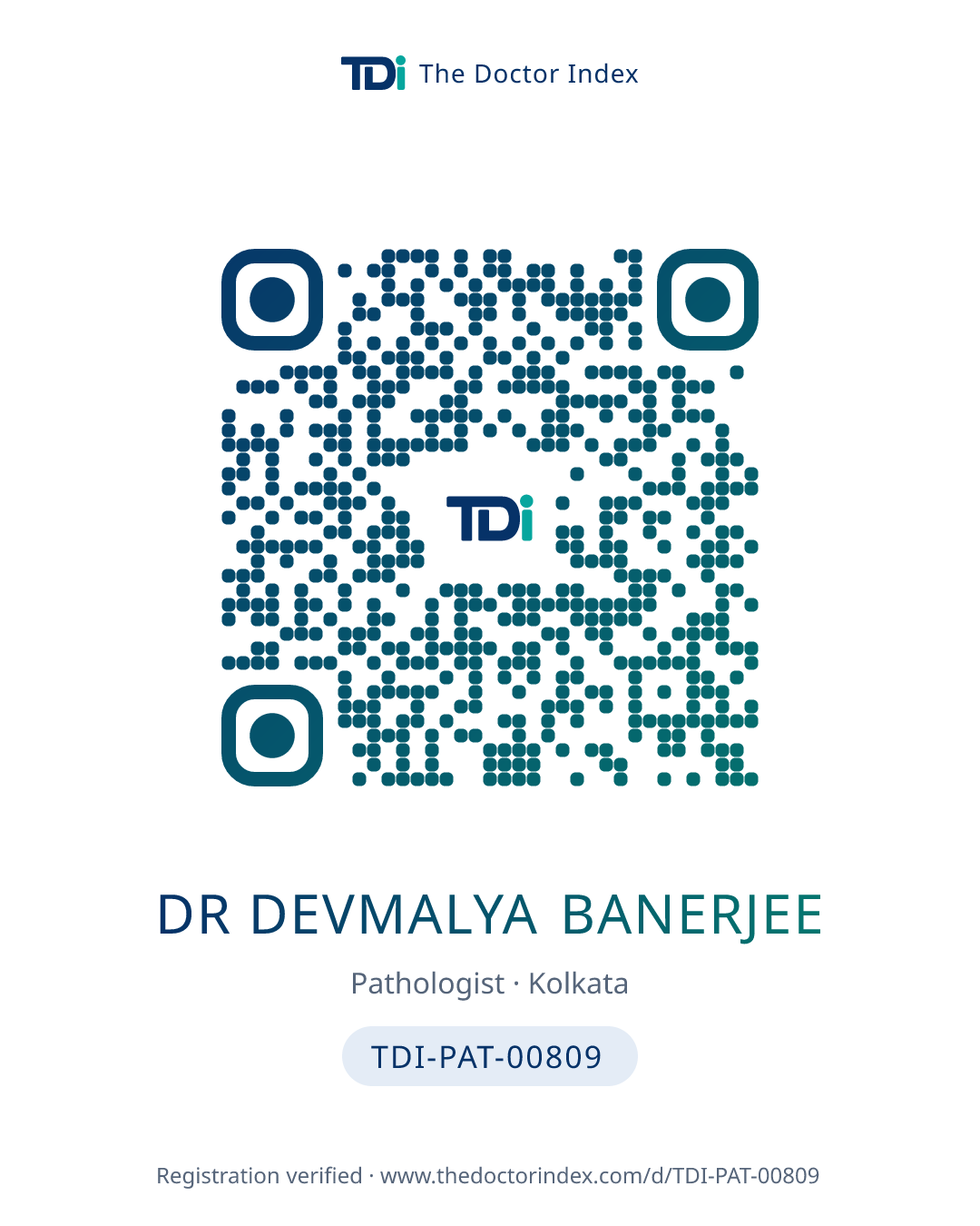 QR card for Dr Devmalya Banerjee, TDI-PAT-00809