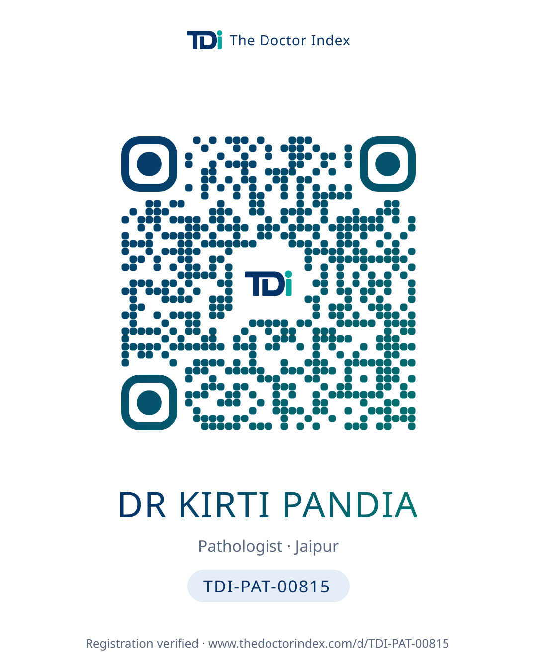 QR card for Dr Kirti Pandia, TDI-PAT-00815