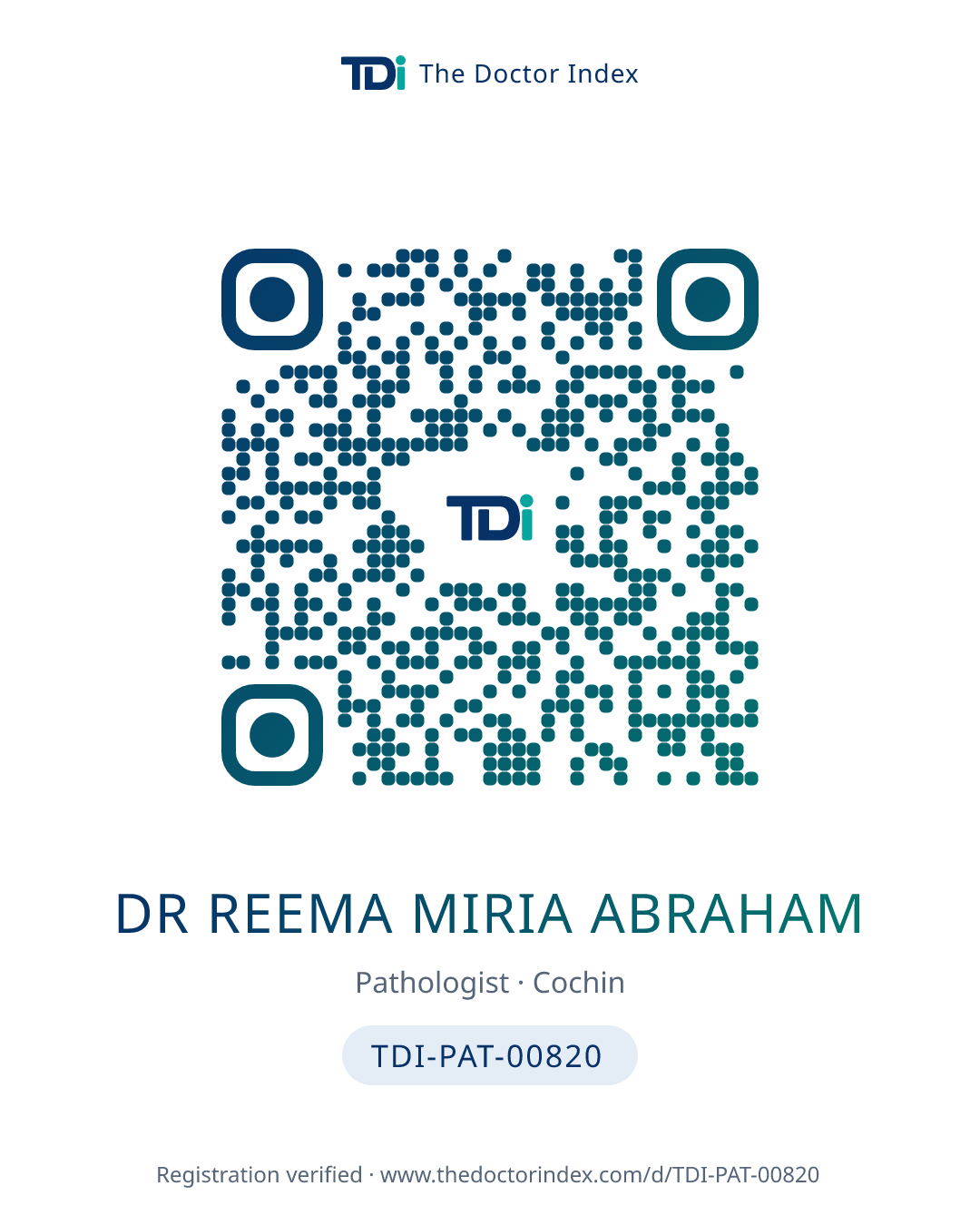 QR card for Dr Reema Miria Abraham, TDI-PAT-00820