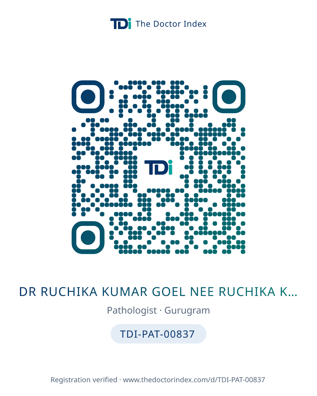 QR card for Dr Ruchika Kumar Goel Nee Ruchika Kumar, TDI-PAT-00837
