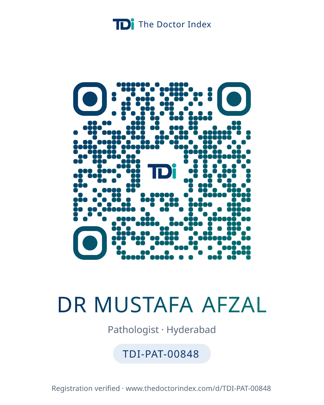 QR card for Dr Mustafa Afzal, TDI-PAT-00848