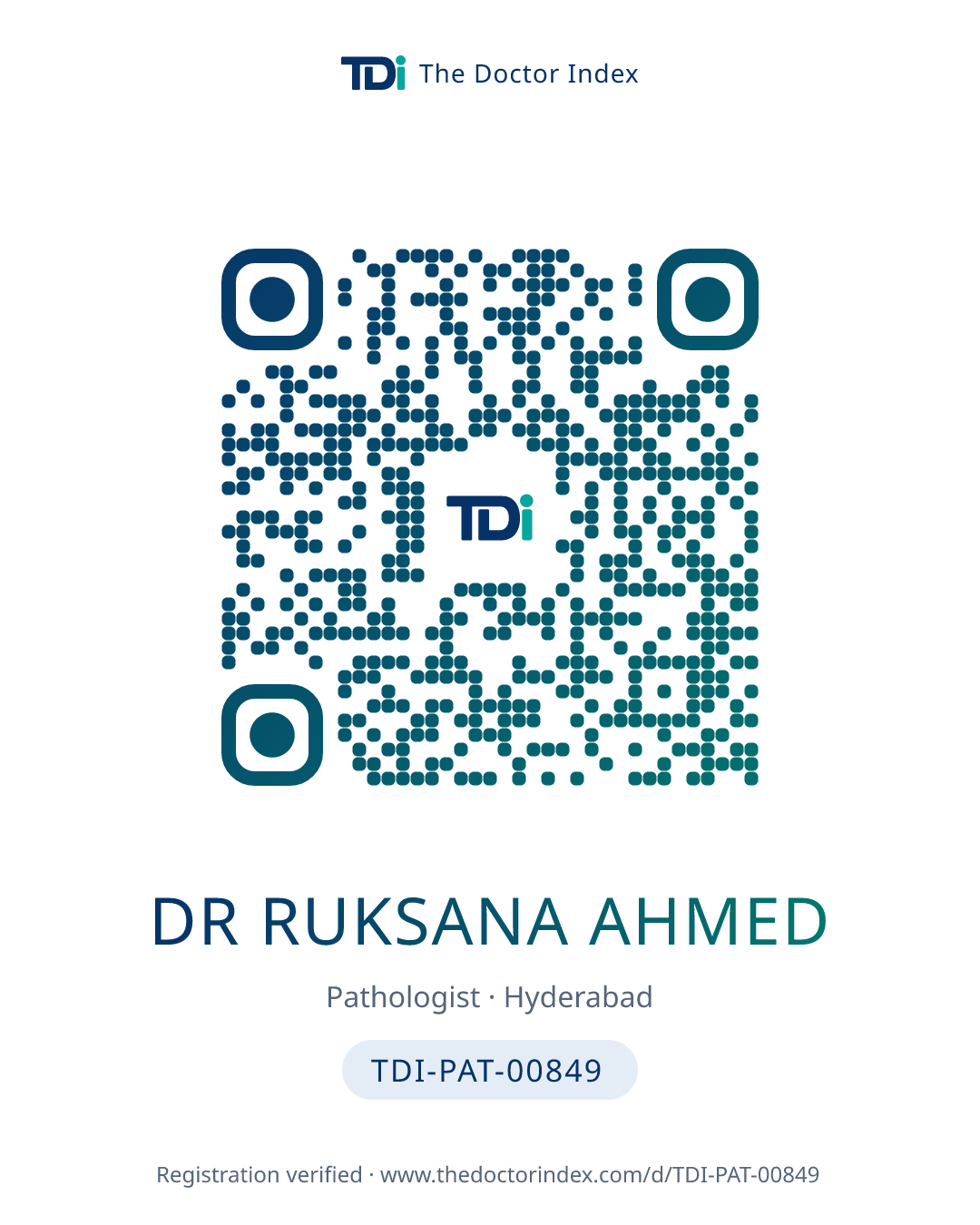 QR card for Dr Ruksana Ahmed, TDI-PAT-00849