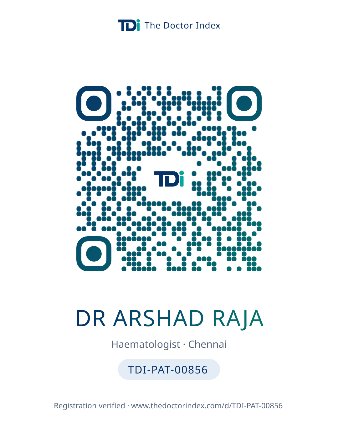 QR card for Dr Arshad Raja, TDI-PAT-00856