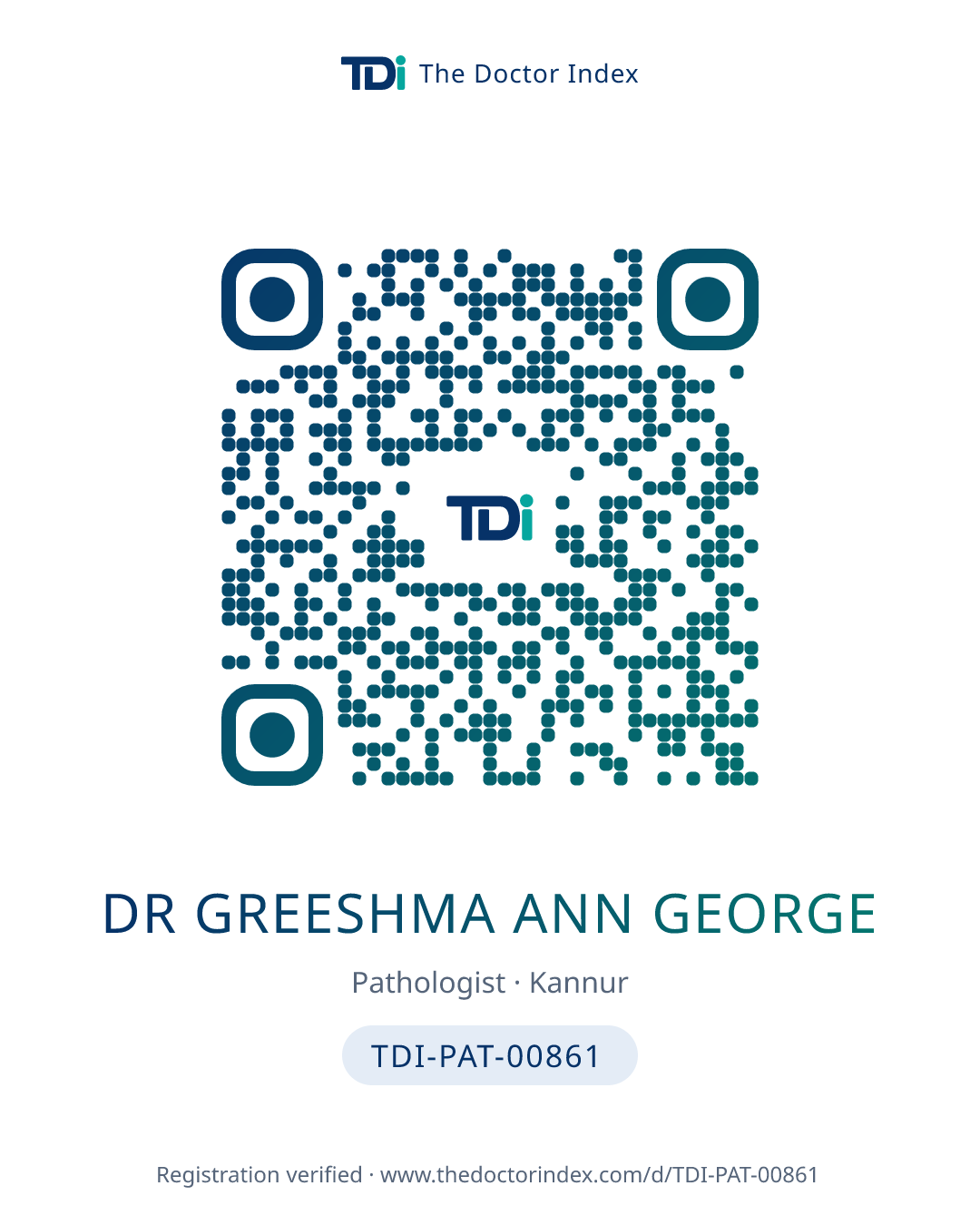 QR card for Dr Greeshma Ann George, TDI-PAT-00861