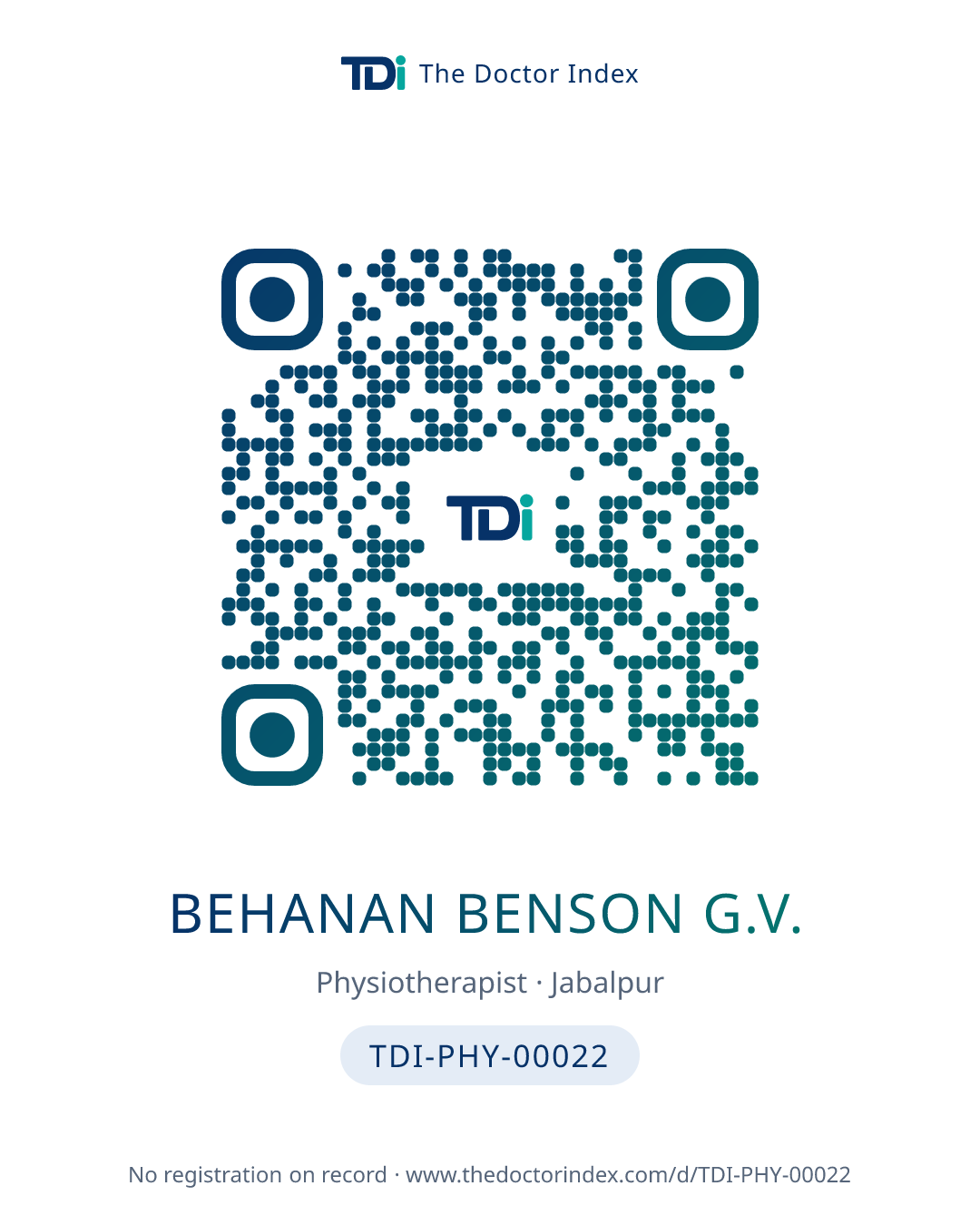 QR card for Behanan Benson G.V., TDI-PHY-00022