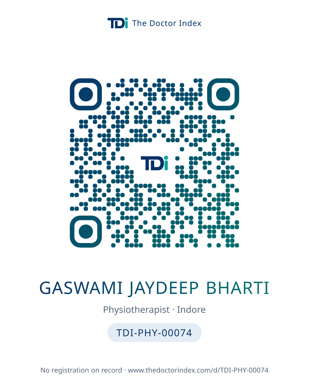 QR card for Gaswami Jaydeep Bharti, TDI-PHY-00074