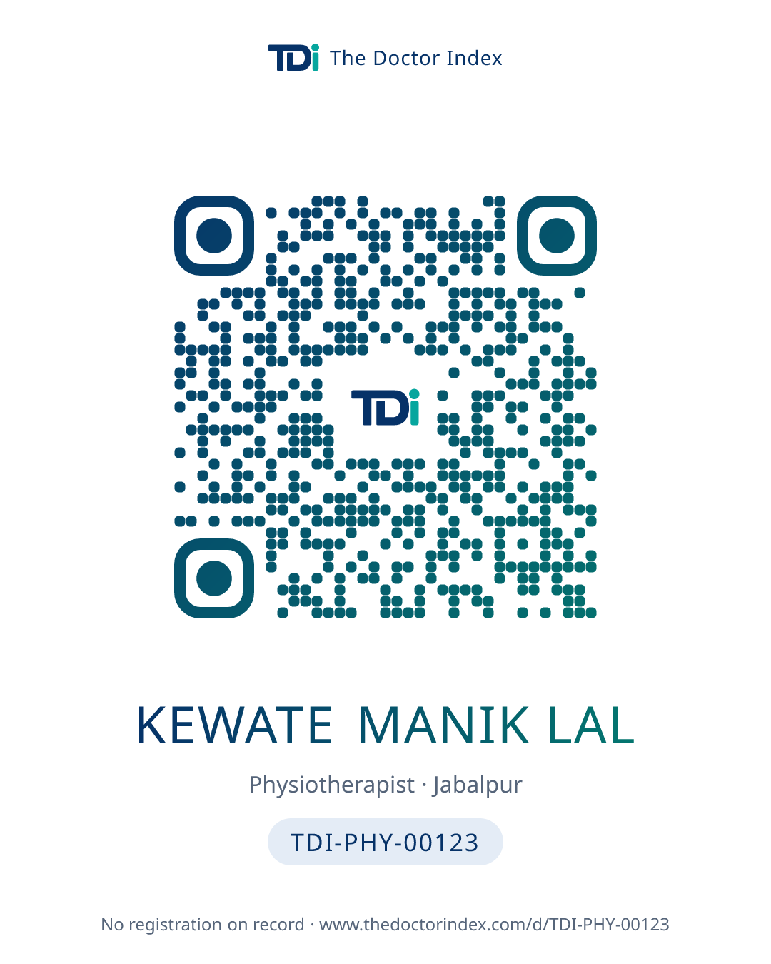 QR card for Kewate Manik Lal, TDI-PHY-00123