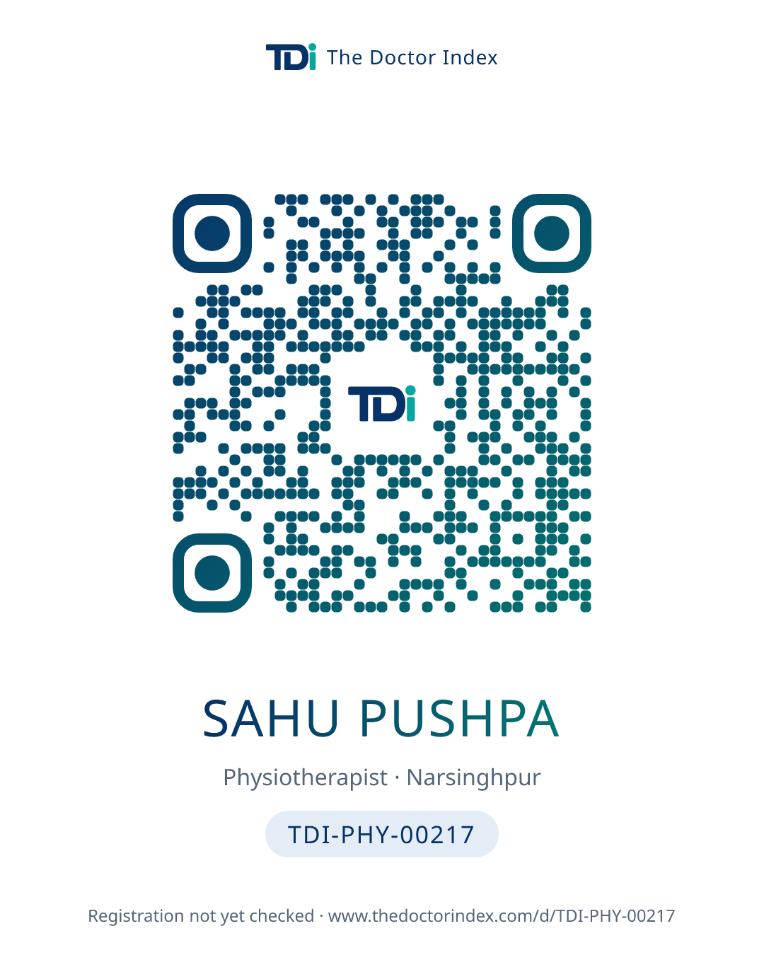 QR card for Sahu Pushpa, TDI-PHY-00217