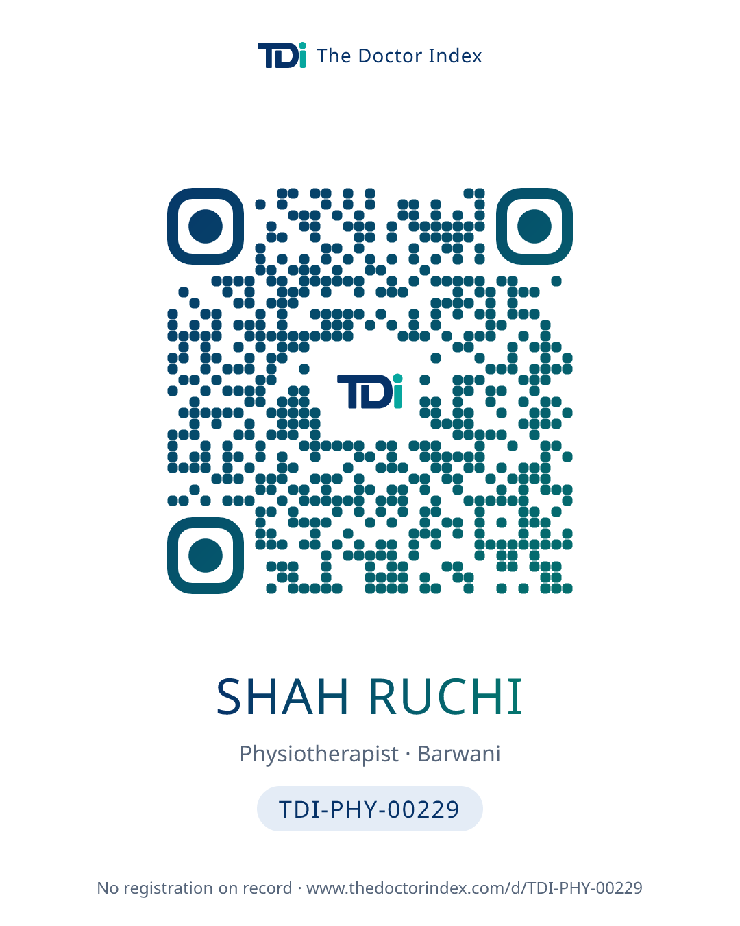QR card for Shah Ruchi, TDI-PHY-00229