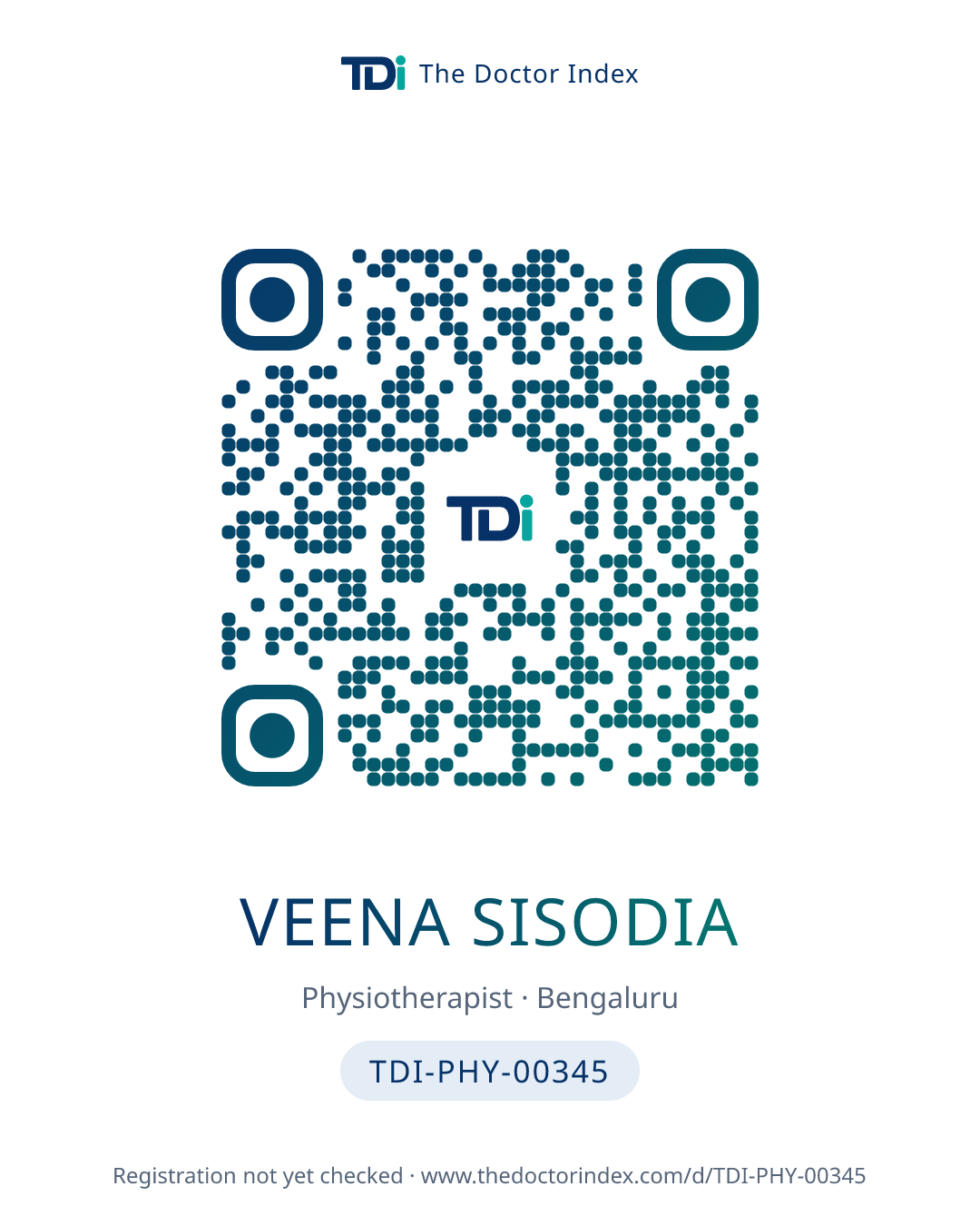 QR card for Veena Sisodia, TDI-PHY-00345
