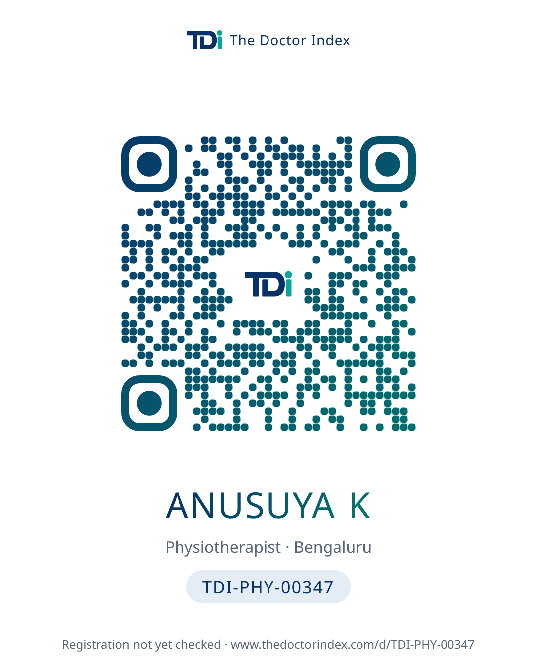 QR card for Anusuya K, TDI-PHY-00347