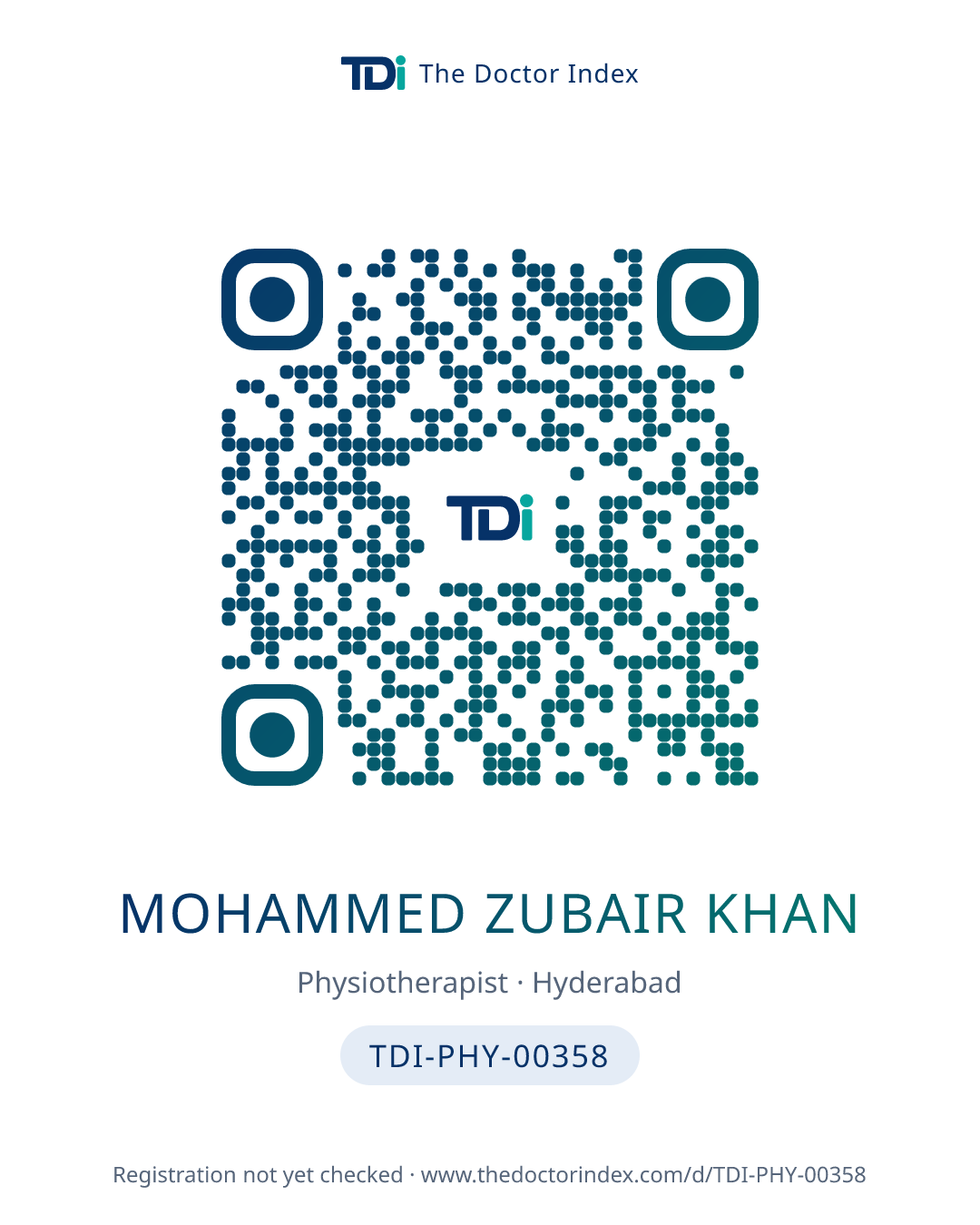 QR card for Mohammed Zubair Khan, TDI-PHY-00358