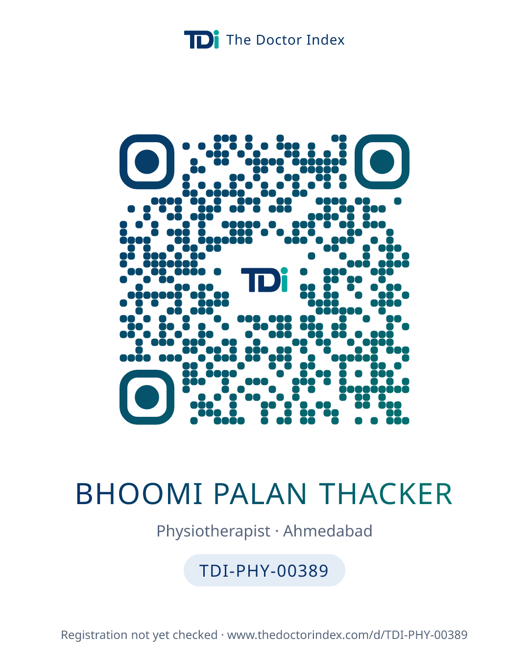QR card for Bhoomi Palan Thacker, TDI-PHY-00389