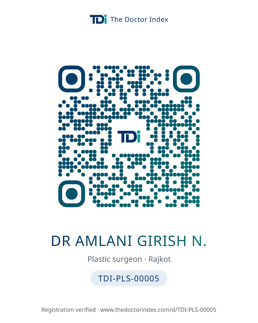 QR card for Dr Amlani Girish N., TDI-PLS-00005
