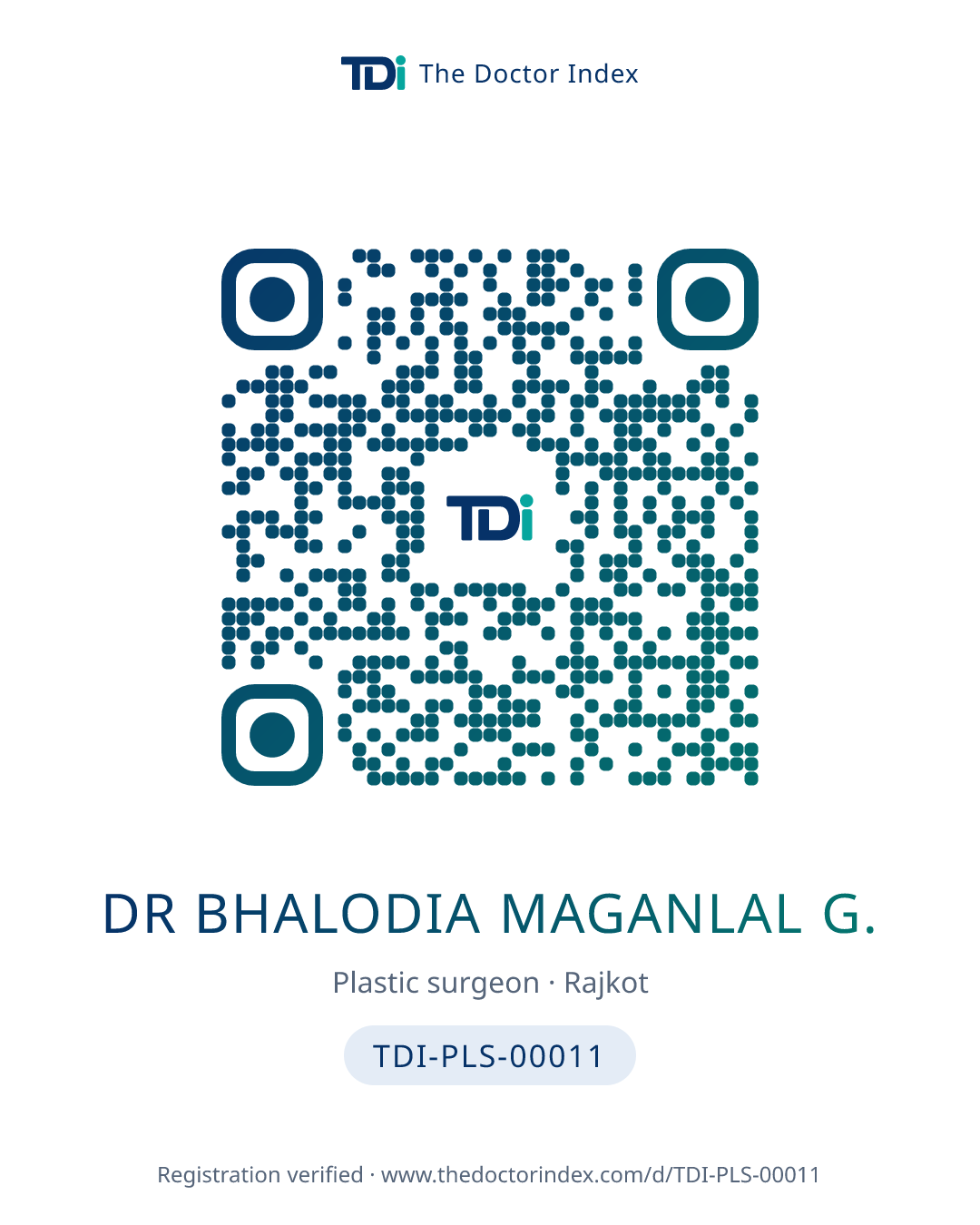 QR card for Dr Bhalodia Maganlal G., TDI-PLS-00011