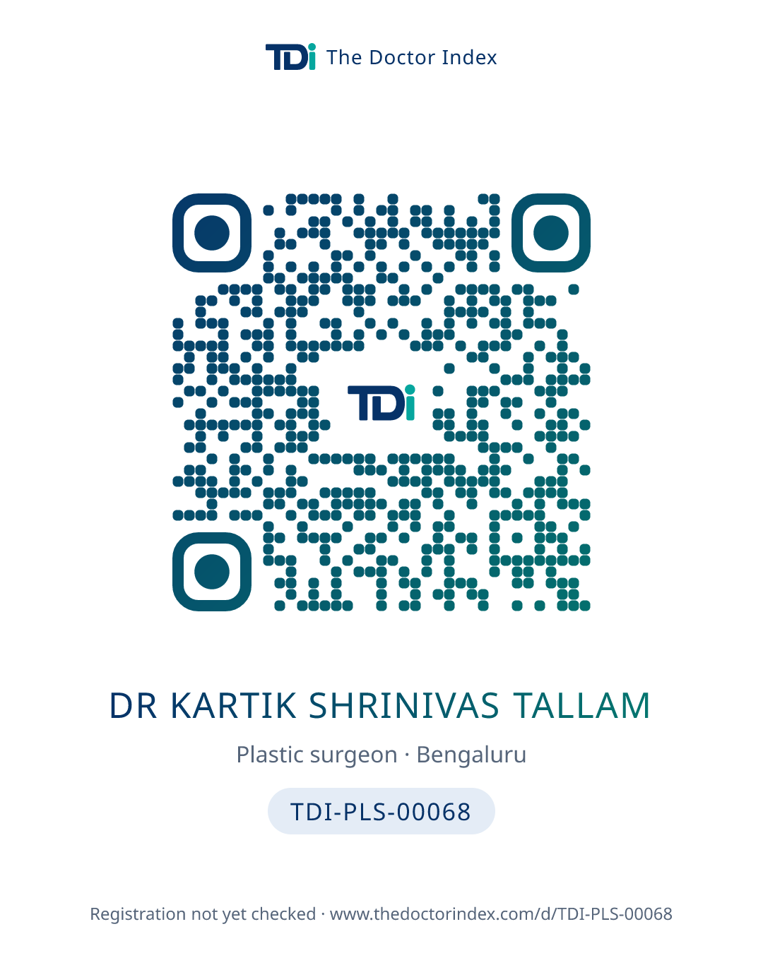 QR card for Dr Kartik Shrinivas Tallam, TDI-PLS-00068
