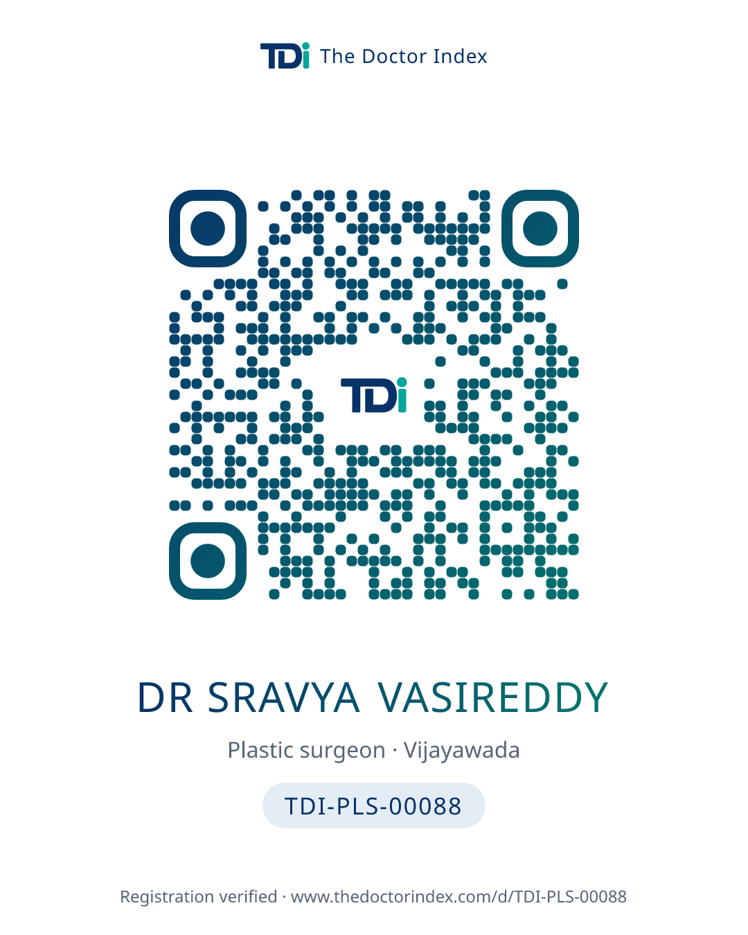 QR card for Dr Sravya Vasireddy, TDI-PLS-00088