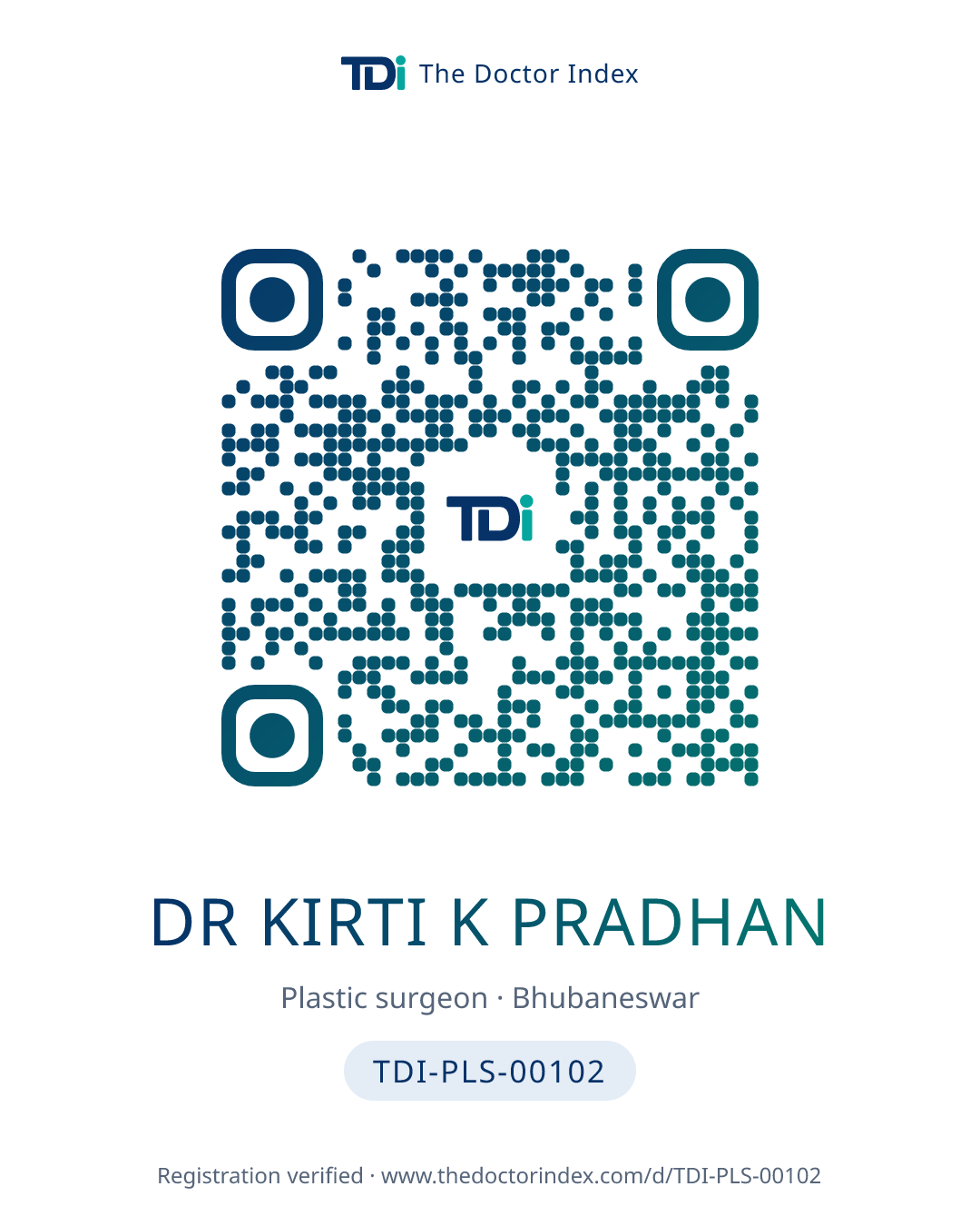 QR card for Dr Kirti K Pradhan, TDI-PLS-00102