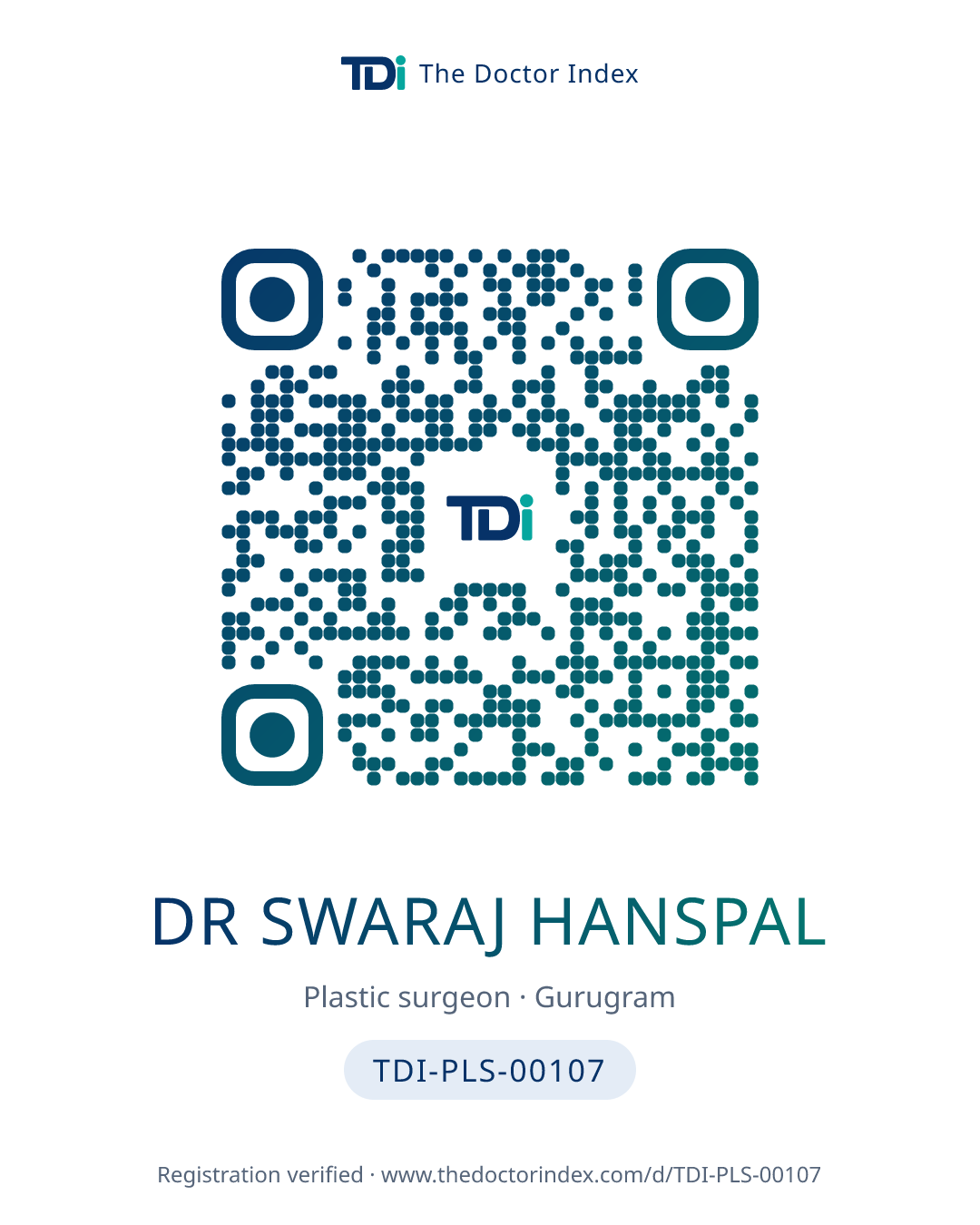 QR card for Dr Swaraj Hanspal, TDI-PLS-00107