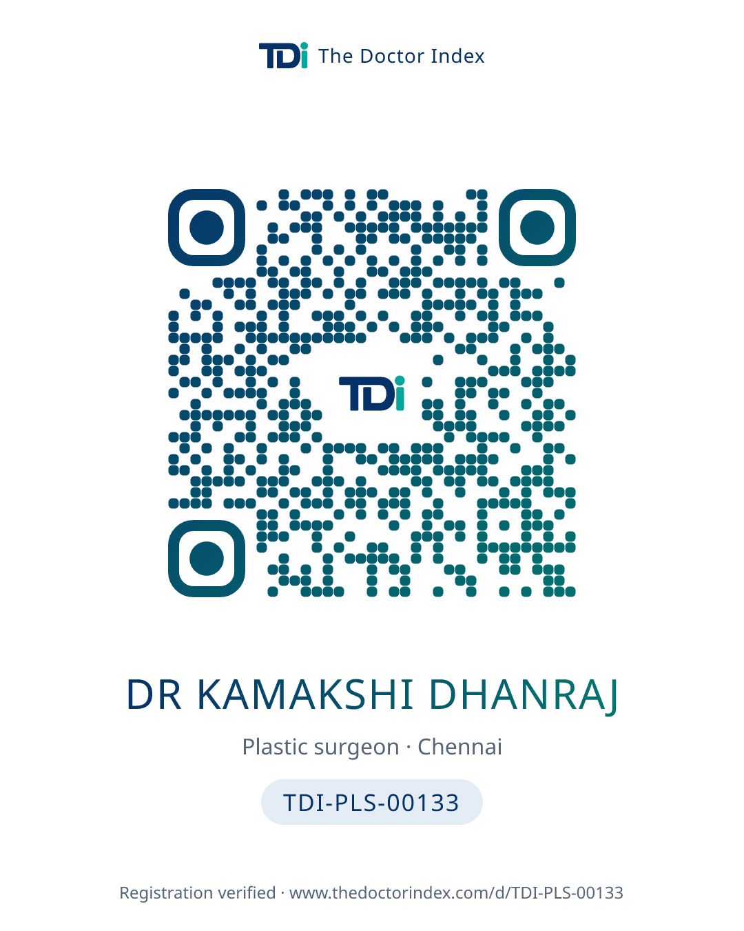 QR card for Dr Kamakshi Dhanraj, TDI-PLS-00133