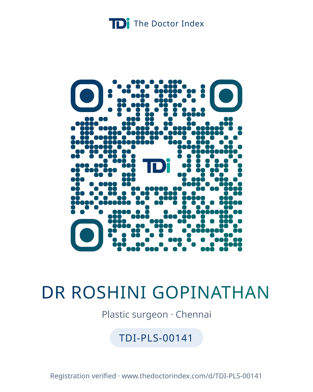 QR card for Dr Roshini Gopinathan, TDI-PLS-00141