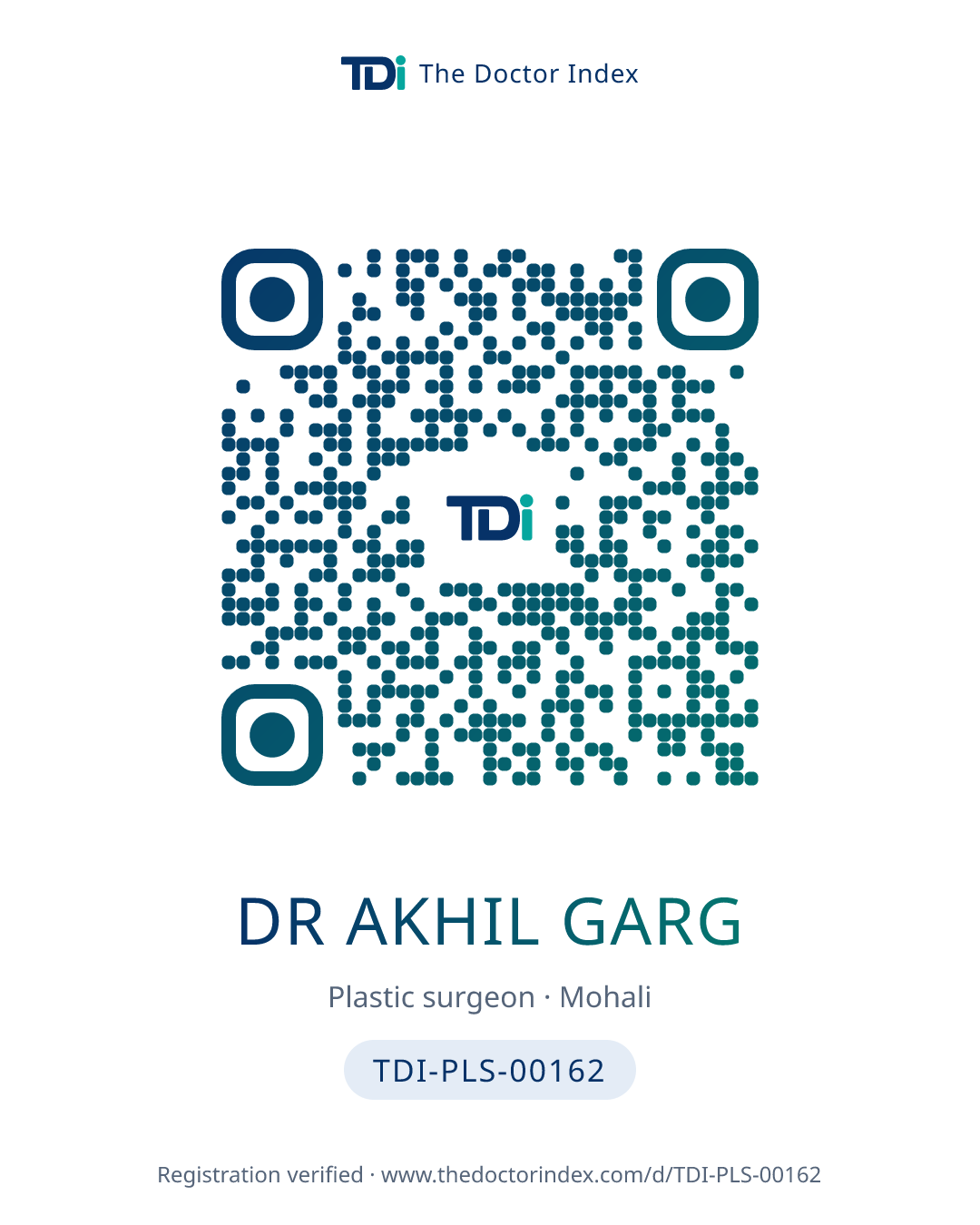 QR card for Dr Akhil Garg, TDI-PLS-00162