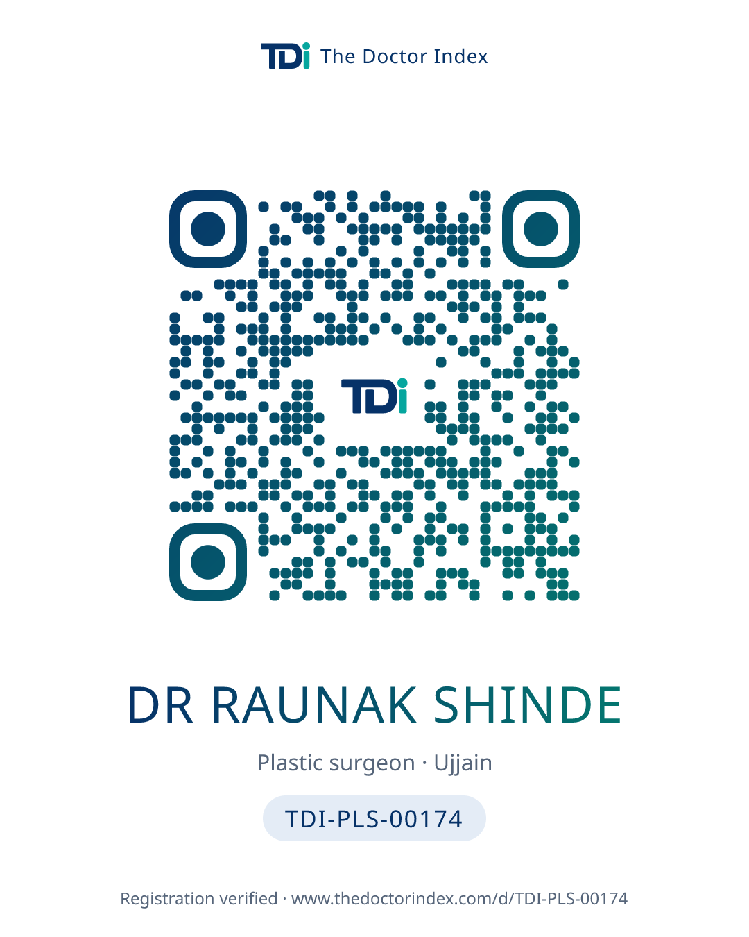 QR card for Dr Raunak Shinde, TDI-PLS-00174