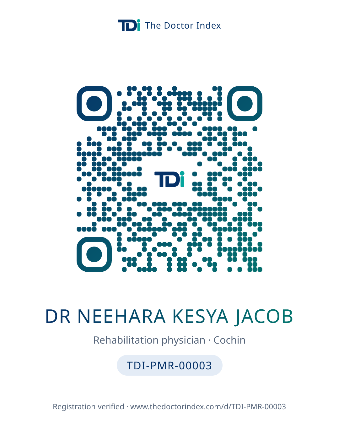 QR card for Dr Neehara Kesya Jacob, TDI-PMR-00003