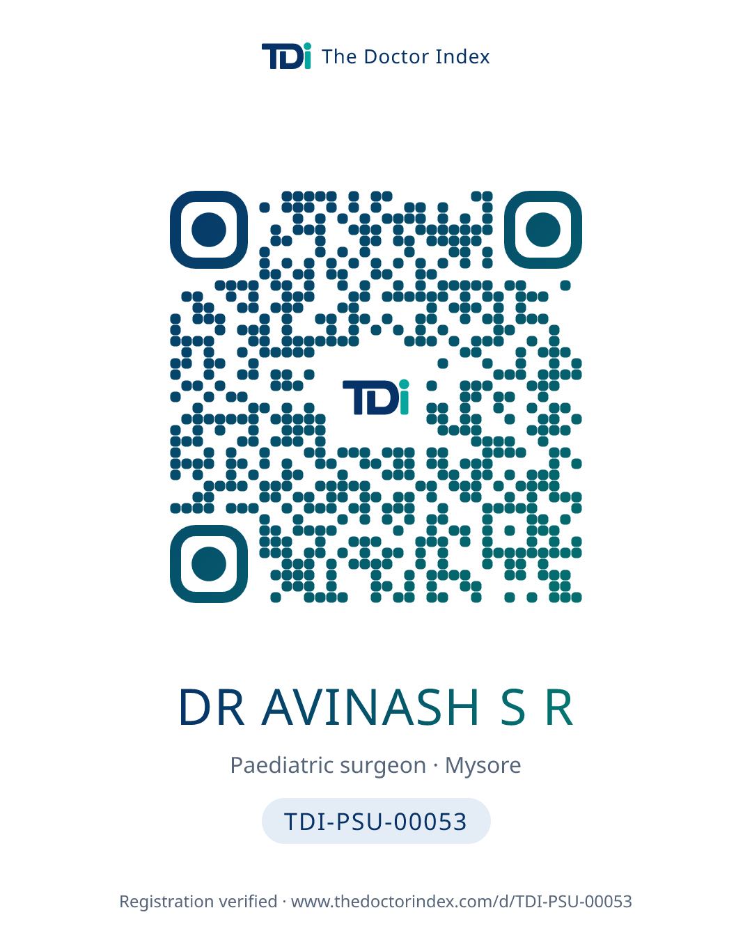 QR card for Dr Avinash S R, TDI-PSU-00053