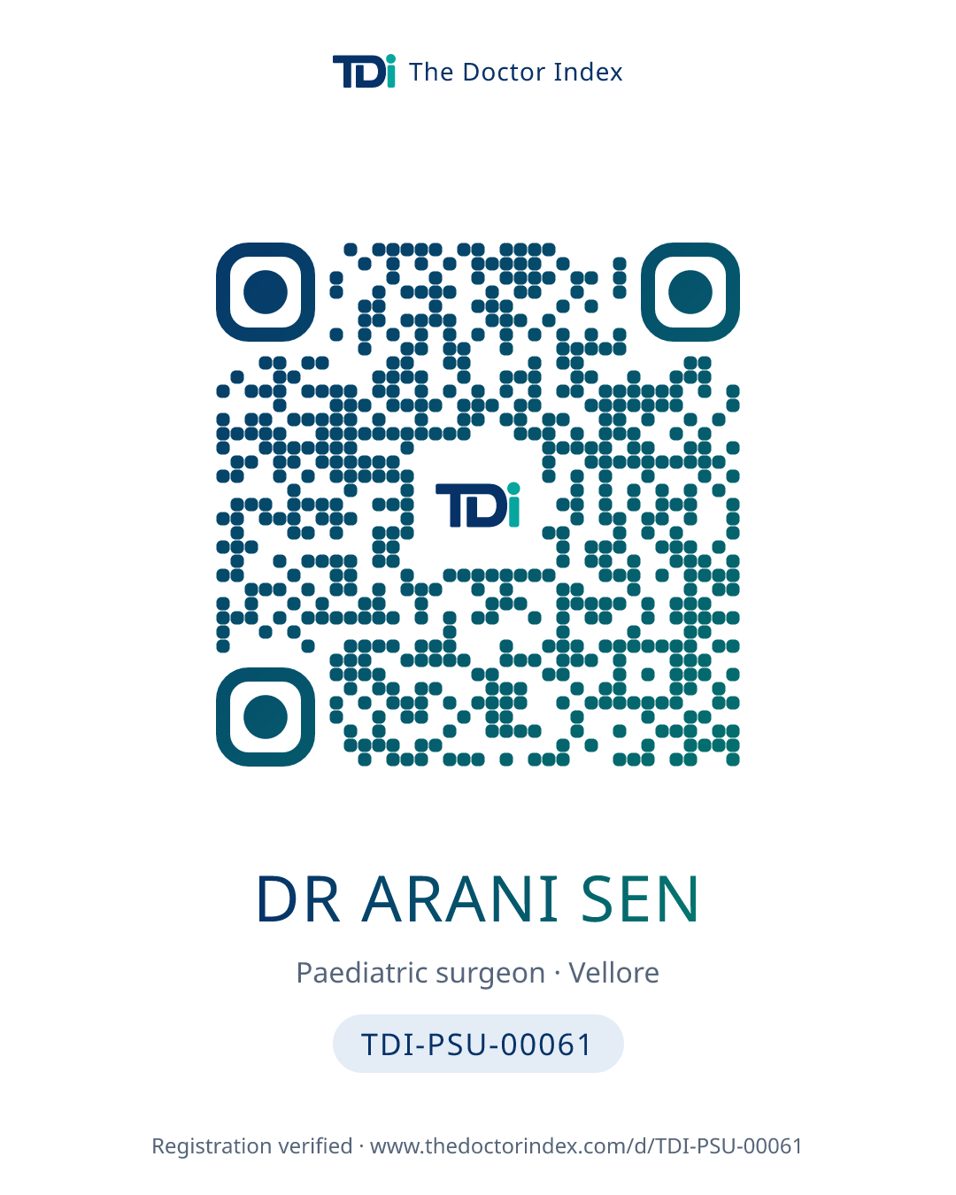 QR card for Dr Arani Sen, TDI-PSU-00061