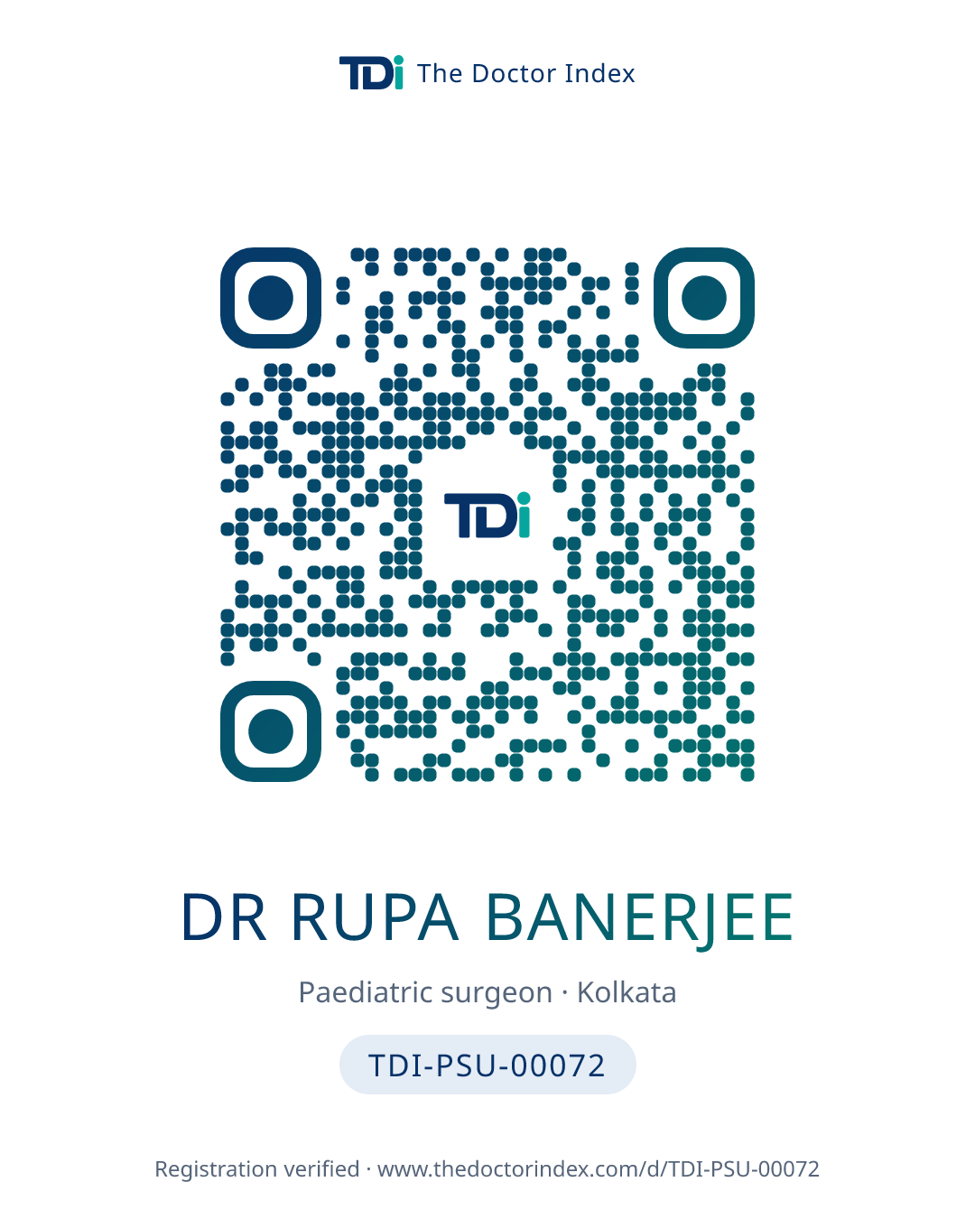 QR card for Dr Rupa Banerjee, TDI-PSU-00072