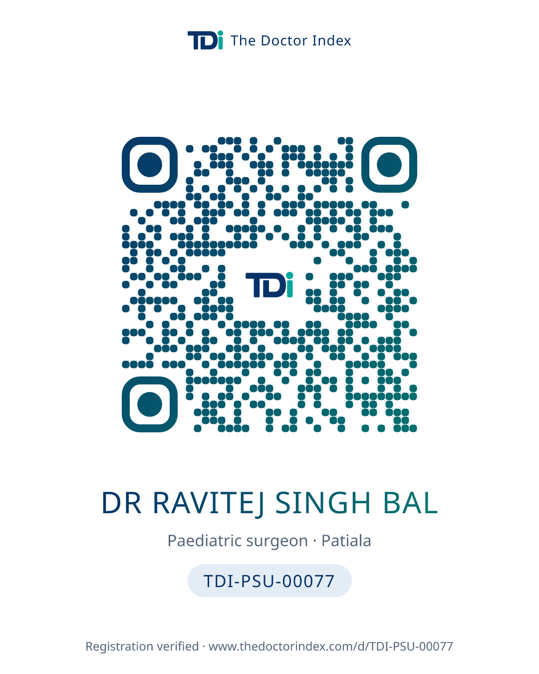 QR card for Dr Ravitej Singh Bal, TDI-PSU-00077