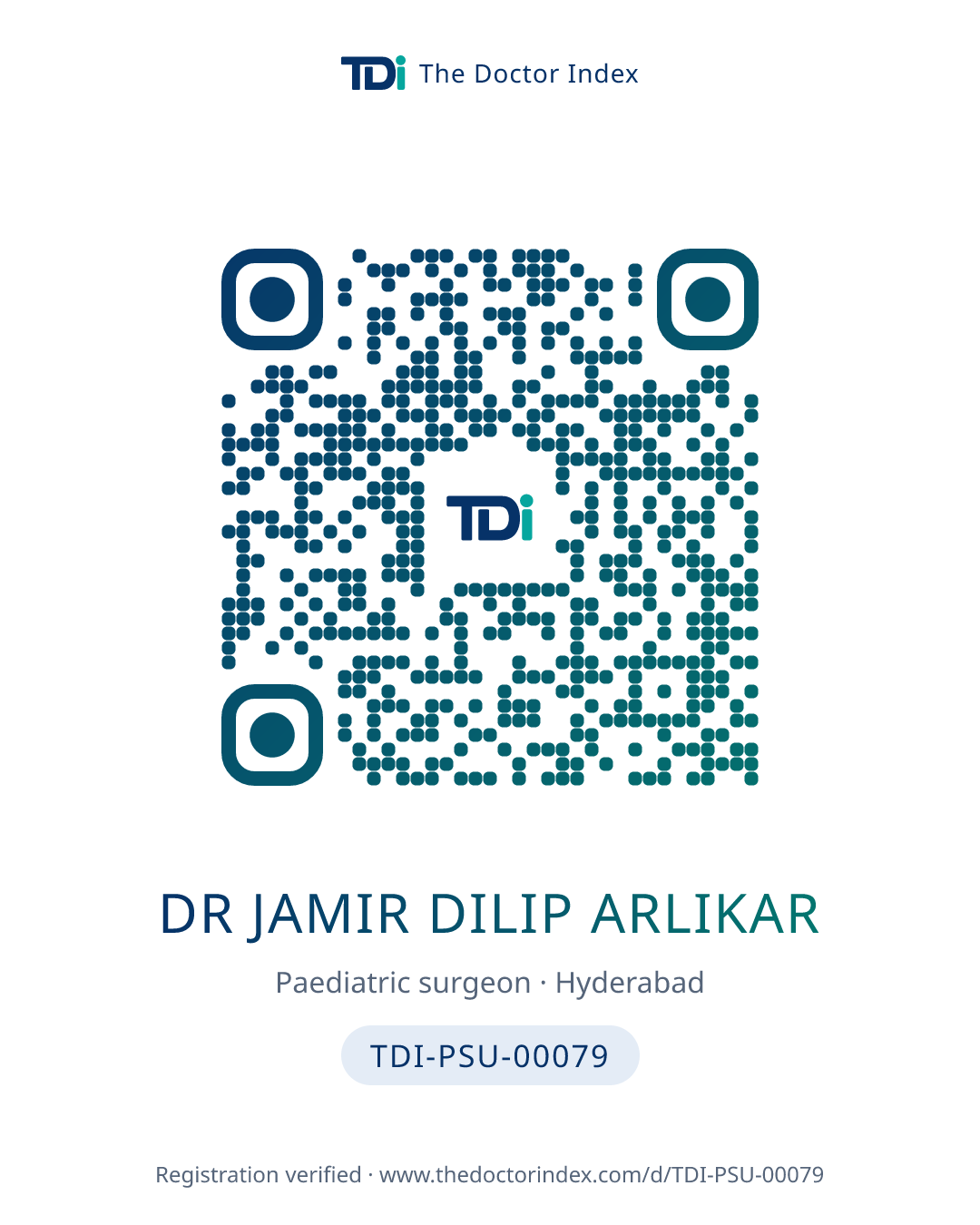 QR card for Dr Jamir Dilip Arlikar, TDI-PSU-00079