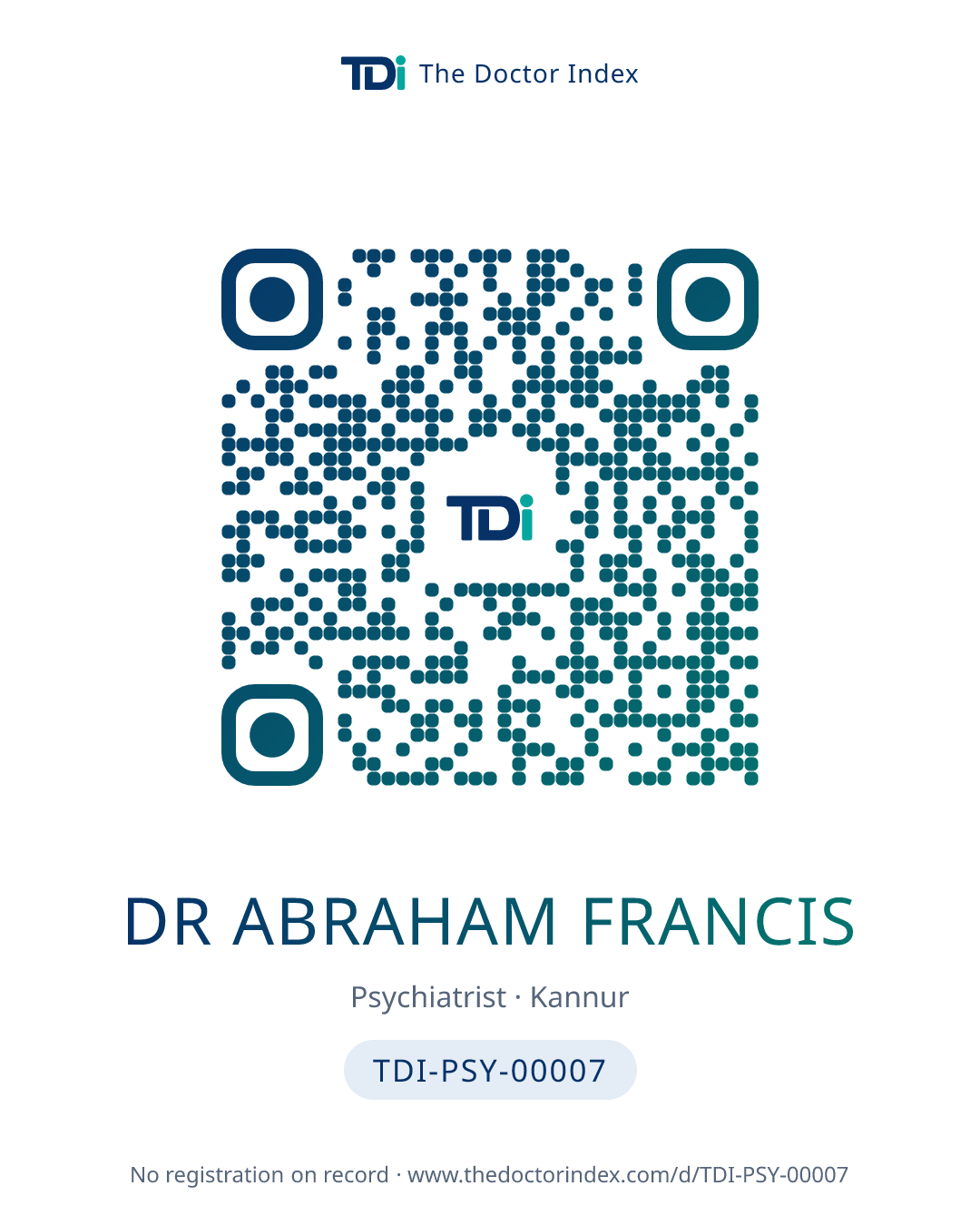 QR card for Dr Abraham Francis, TDI-PSY-00007