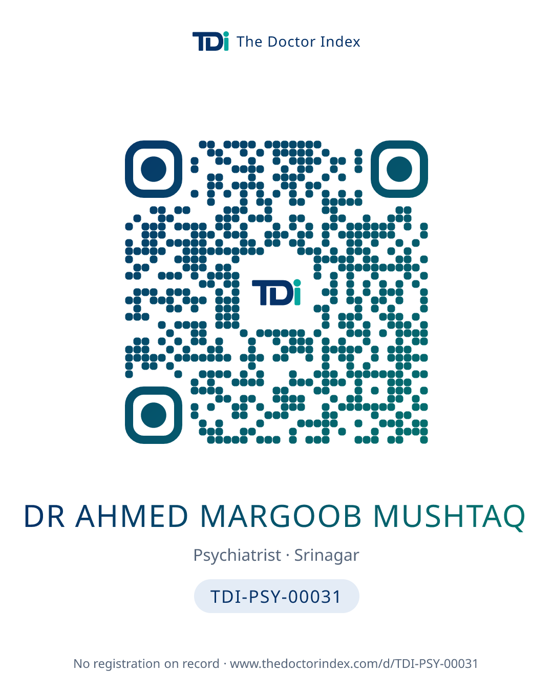 QR card for Dr Ahmed Margoob Mushtaq, TDI-PSY-00031