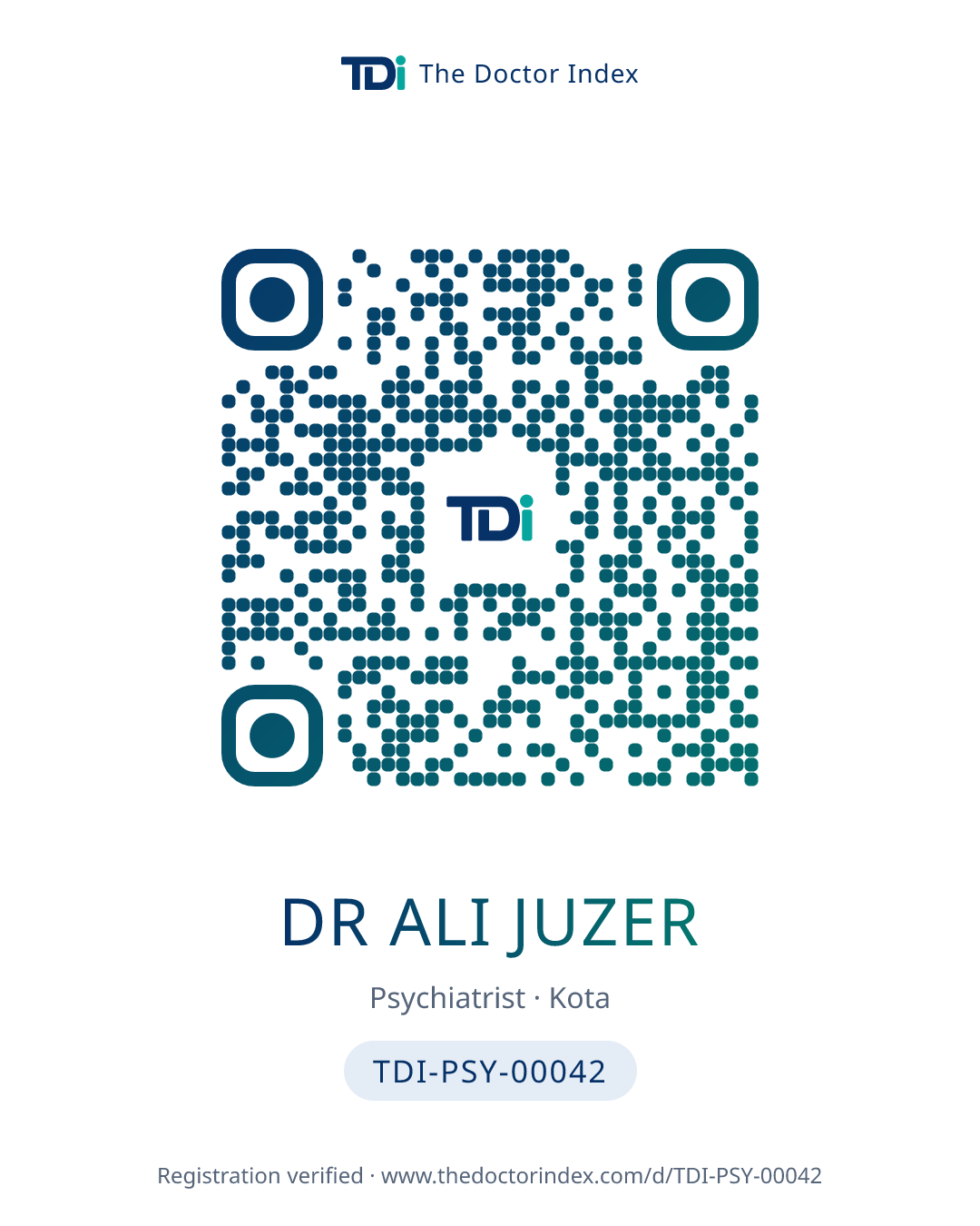 QR card for Dr Ali Juzer, TDI-PSY-00042