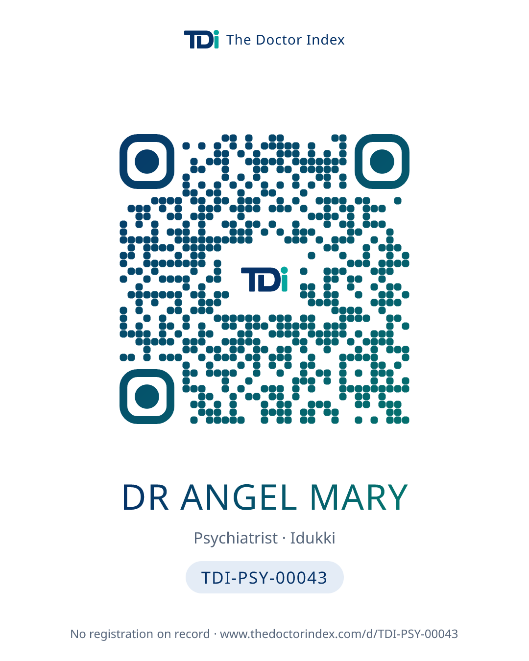QR card for Dr Angel Mary, TDI-PSY-00043