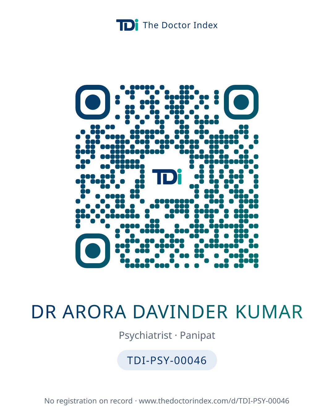 QR card for Dr Arora Davinder Kumar, TDI-PSY-00046