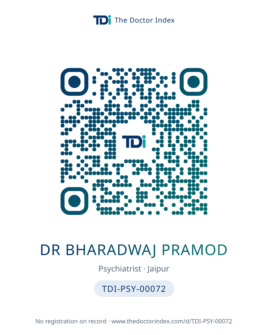 QR card for Dr Bharadwaj Pramod, TDI-PSY-00072